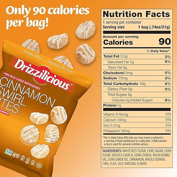 Drizzilicious Mini Rice Cakes Variety Pack - S'Mores, Cinnamon Swirl, Birthday Cake - Rice Crisps, Healthy Snack for Adults and Kids, Flavored Rice Cakes, Vegan, Gluten Free, Allergen Free, Only 90 Calories Per Bag, Made with Avocado Oil - 0.74 oz (Pack of 32)