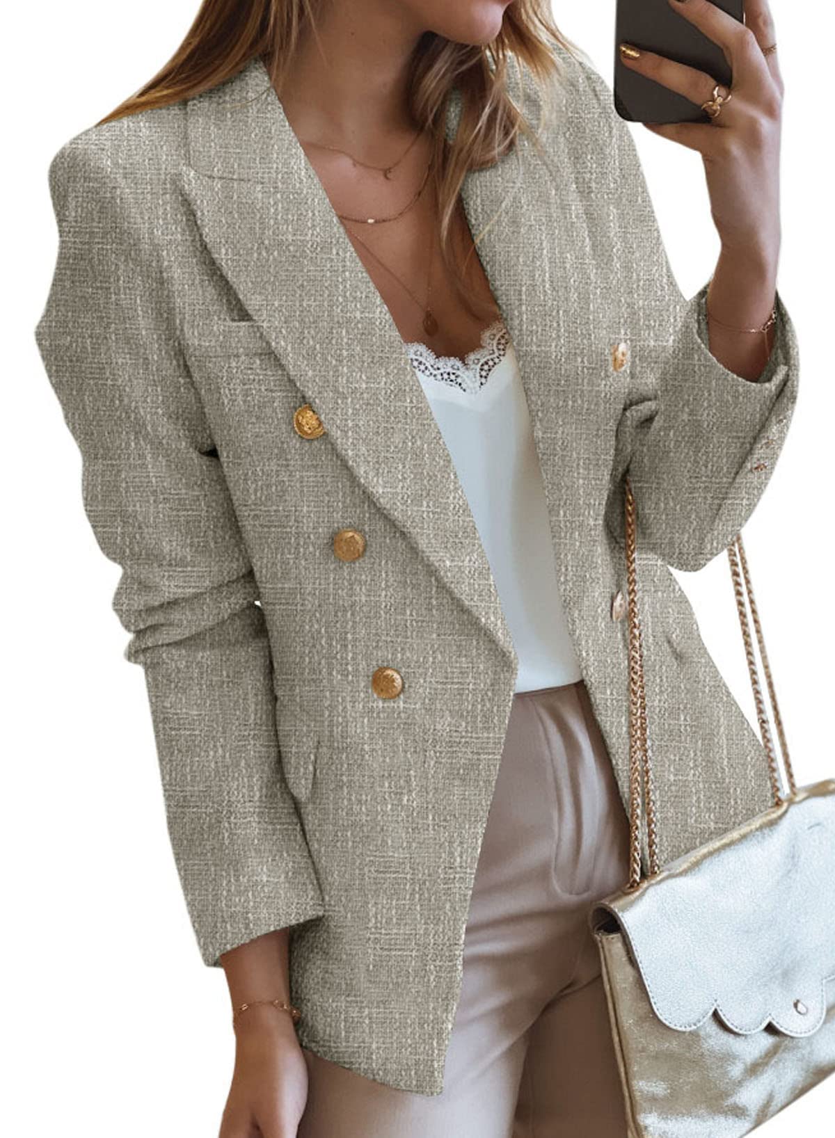 Happy Sailed Business Casual Blazers Jackets for Women Fashion Double Breasted Long Sleeve Tweed Blazer Formal Lapel Collar