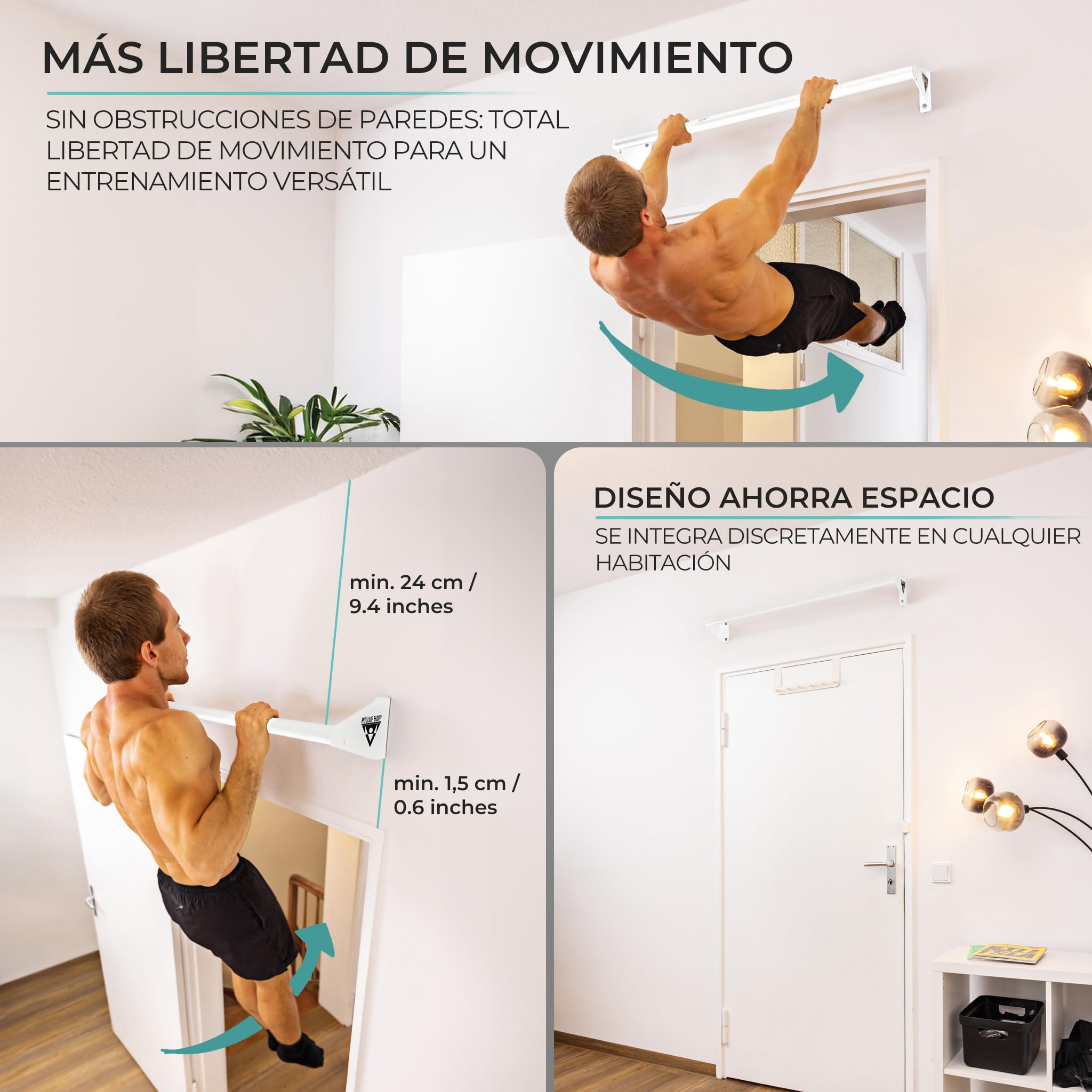 PULLUP & DIP Barra Dominadas Pared montada - Barra de Tracción Antideslizante Resistente, ideal para dominadas, chin-ups, elevaciones de piernas y anillas de gimnasia, acero de alta resistencia.