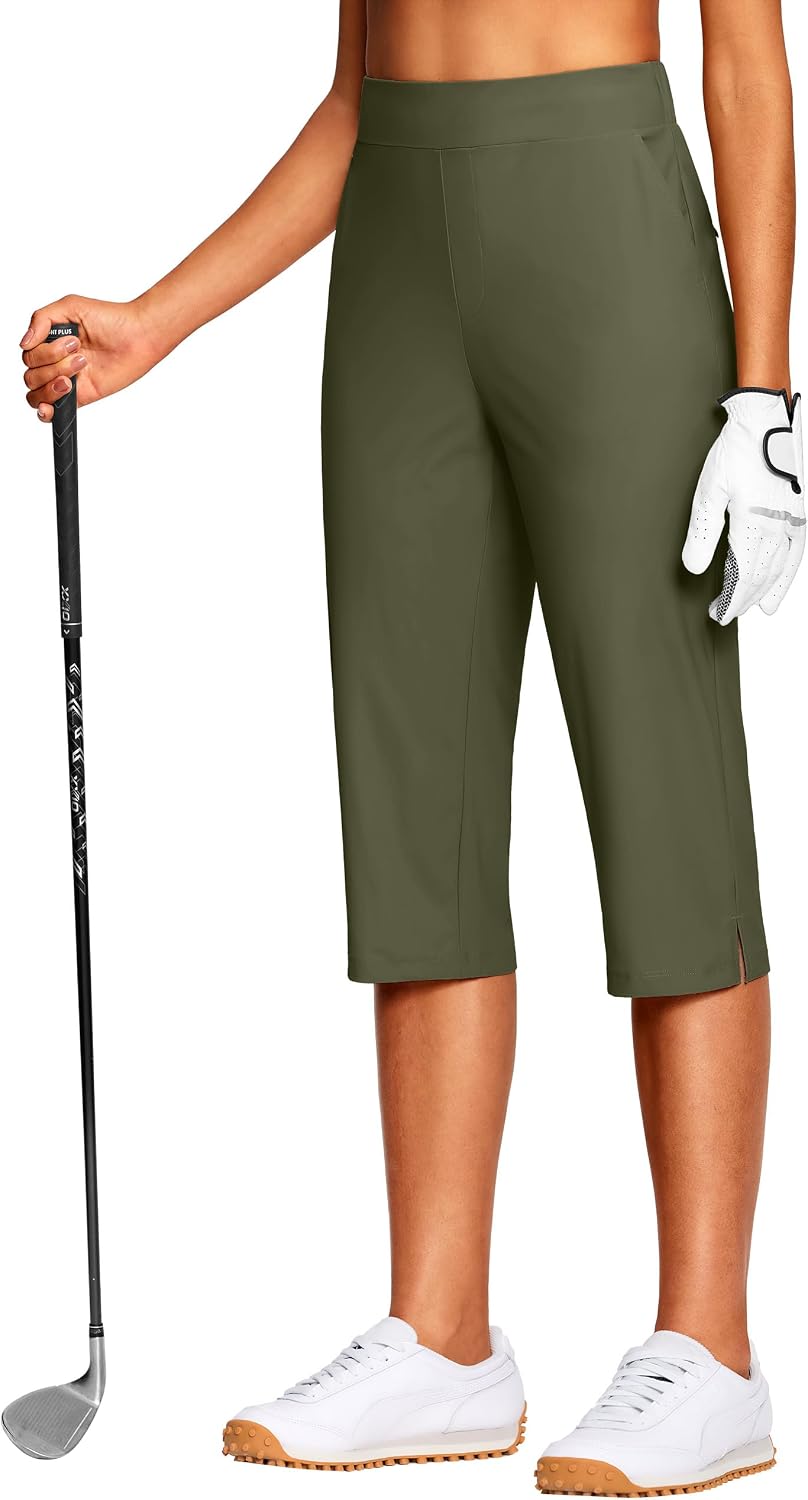 ISEEGZ Capri Pants for Women 18" Army Green | Petite, Pull On, 5 Pockets, Lightweight, Quick Dry, Breathable, Stretchy, Summer, Work, Casual, Travel, Golf, Womens Capris