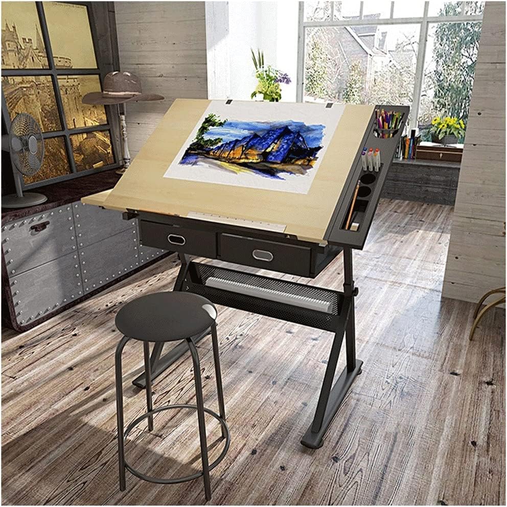 Folding Adjustable Drafting Table,Craft Table Drawing Desk Writing Desk Studio Desk,with Storage Drawer Sketching Painting Work Station