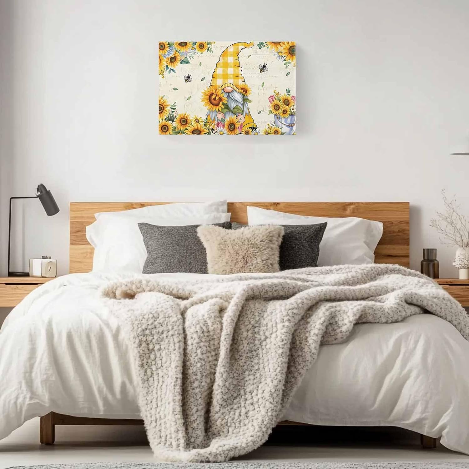 Condition photo showing New/Like New for sunflower gnome canvas print wall art - bees flowers leaf on vintage newspaper background - wall decor modern artwork paintings pictures for living room stretched and framed ready to hang - 16" x 24" 24"l x 16"w yellow sunflower gnome