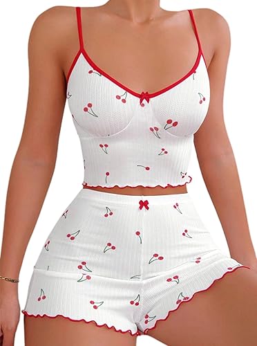 Hilinker Womens Graphic Print Ribbed PJ Set Crop Cami Tops and Shorts Cute Pajamas Set - Small - White Red Cherry B
