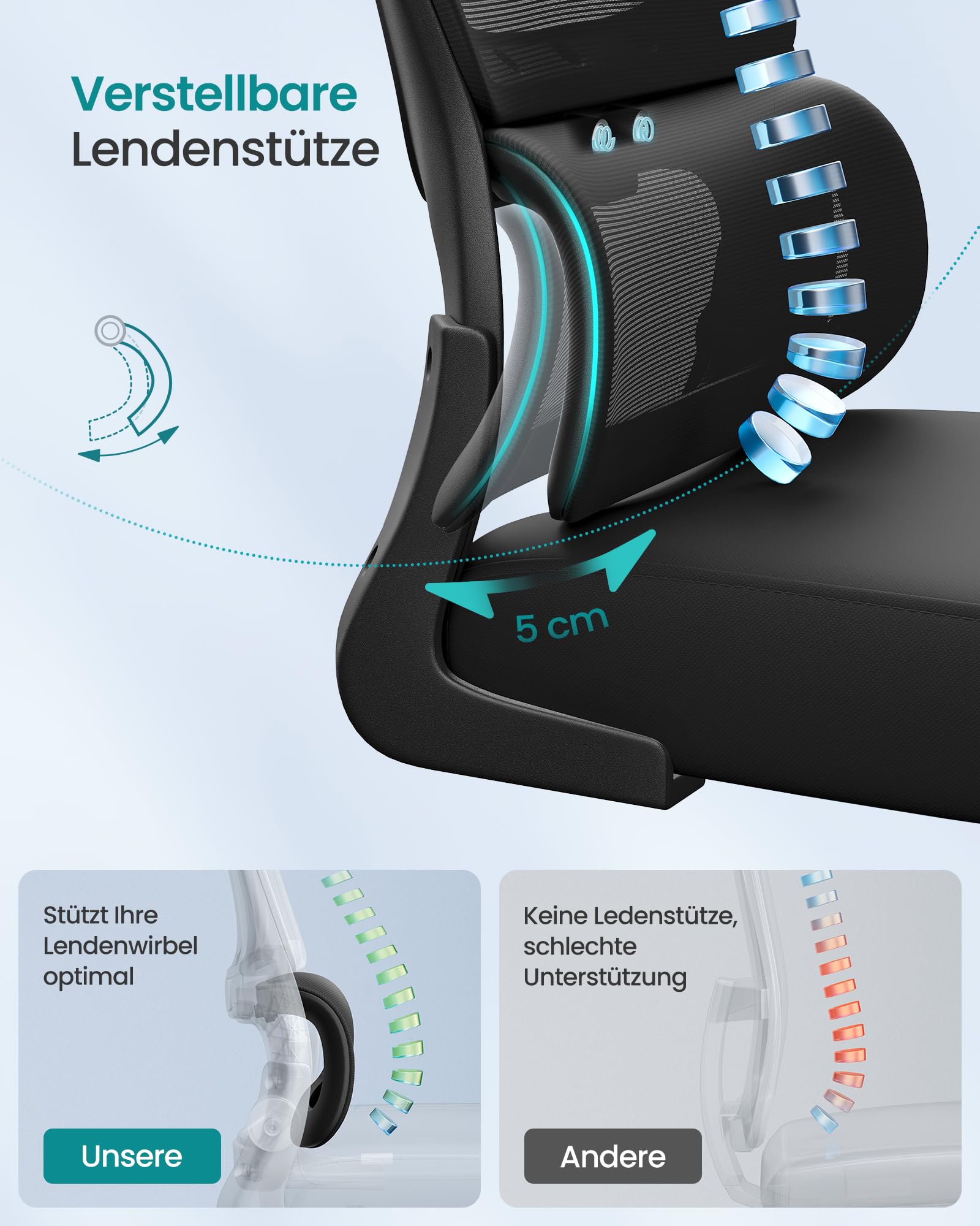 SONGMICS Bürostuhl, Schreibtischstuhl, ergonomischer Netzstuhl, mit doppellagigem Netzgewebe, atmungsaktiv, Adaptive Lendenstütze, verstellbare Kopfstütze, für Homeoffice, tintenschwarz OBN041B01