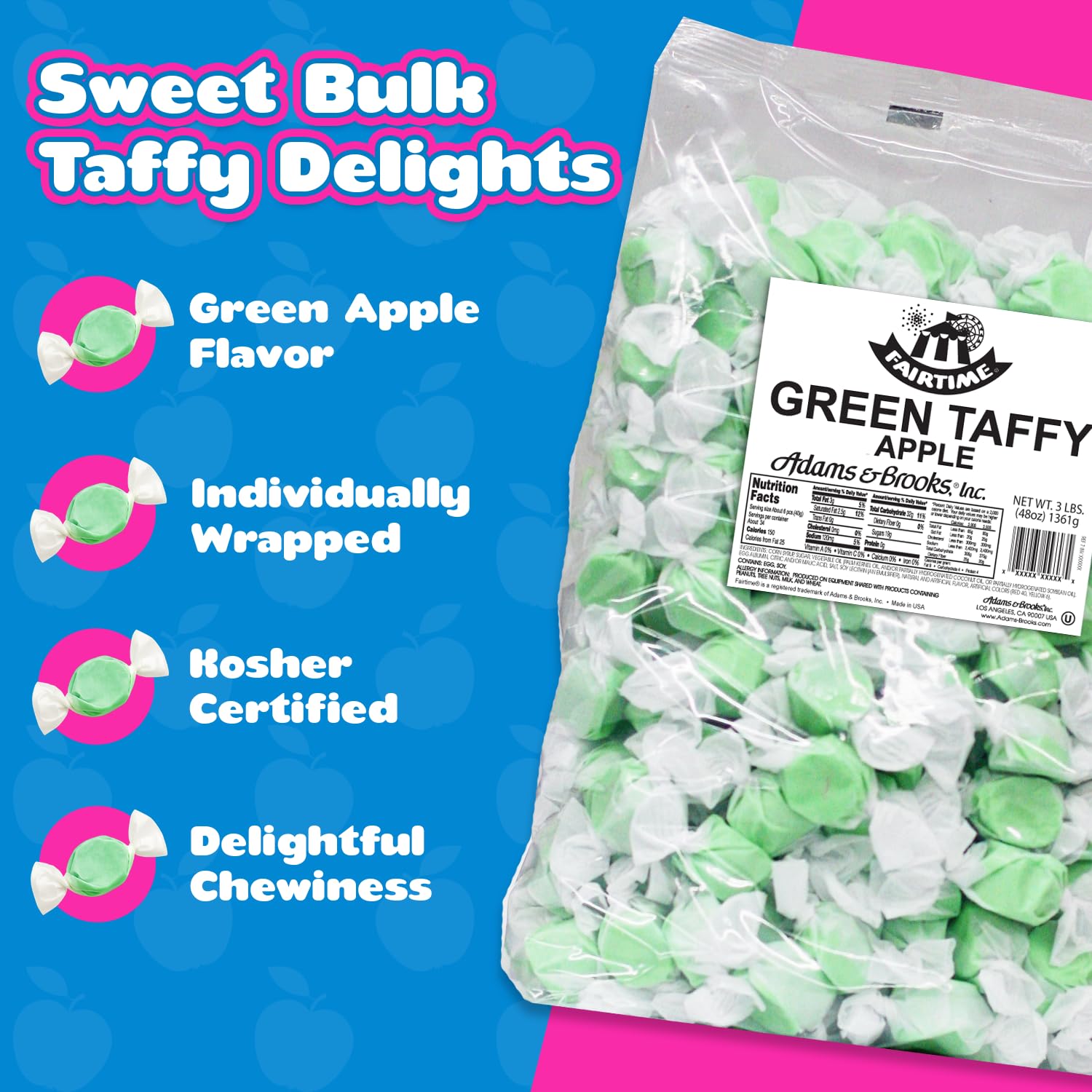 Fairtime Green Apple Taffy, 3 Pound Bag (Pack of 1) - Individually Wrapped Saltwater Taffy Candy Bulk Pack - Soft & Chewy Candy for Buffet, Party, or Wedding Favors - Kosher Certified Soft Candies