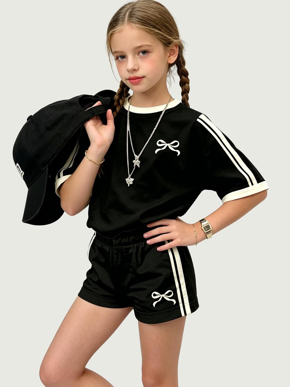 KIDLAGA Girls Shorts Sets 2 Pieces Outfits Bow/Cherry T-Shirt & Plaid Shorts Girls Summer Short Set 6-14Y image 3