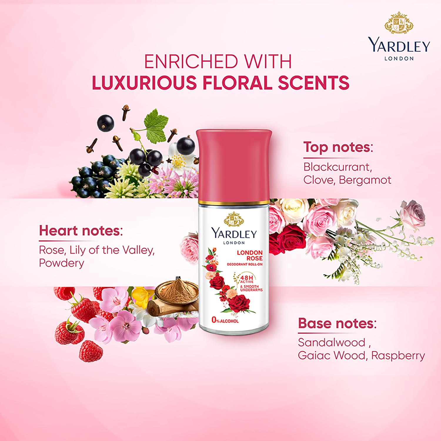 Yardley London London Rose Underarm Deodorant Roll On | With Licorirce Extract & Floral Extracts | Smooth & Eventoned Underarms | 72 H Long Lasting Floral Scent| 0% Alcohol & Dermat Approved | For Women | 50ml 1