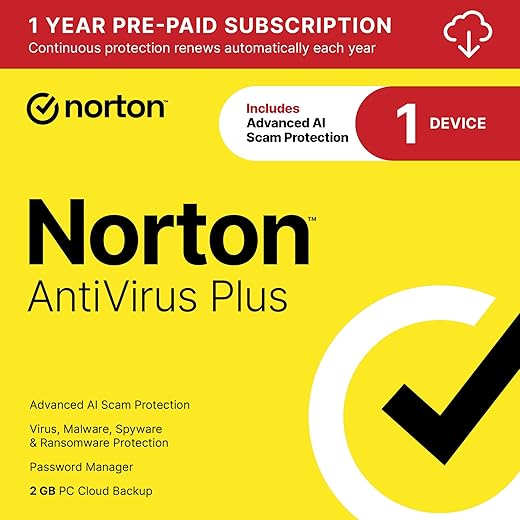 Norton AntiVirus Plus 2025, Antivirus software for 1 Device with Auto-Renewal – Includes Advanced AI Scam Protection, Password Manager and PC Cloud Backup [Download]