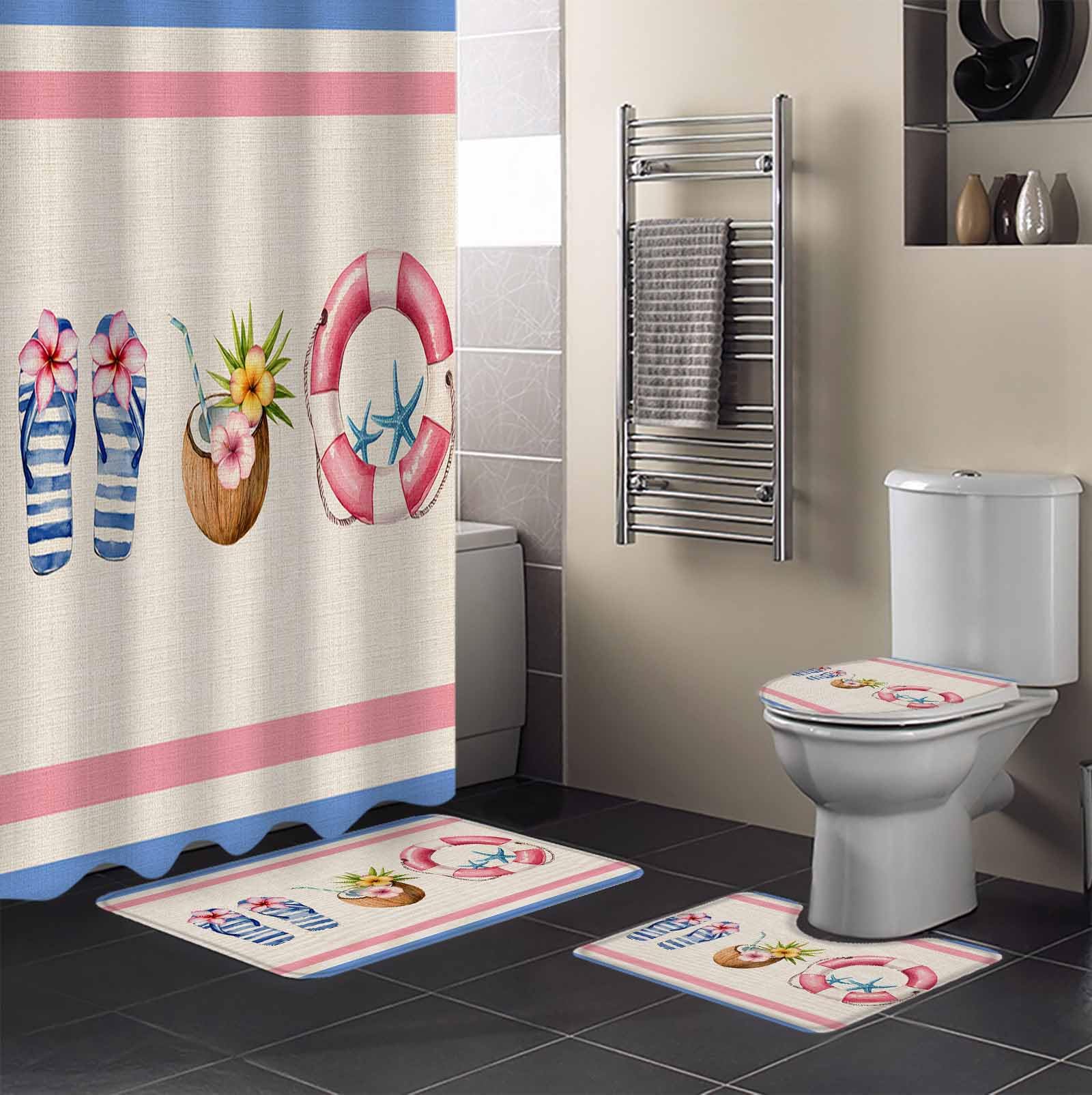 Summer Slippers Bathroom Set with Shower Curtain and Rug and Accessories - 36x72 Inches Long Coconut Starfish Blue Pink Stripes Stall Curtain Waterproof with Small Bath Mat, Washable Runner Rug Set