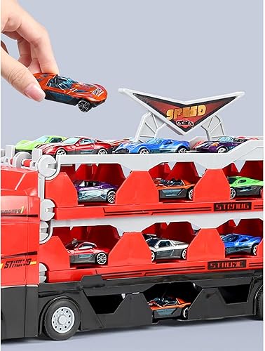 Miniatura 5 de Mega Hauler - Camión transportador con pista de carreras de eyección, para niños, catapulta y disparo, camión grande plegable de almacenamiento,