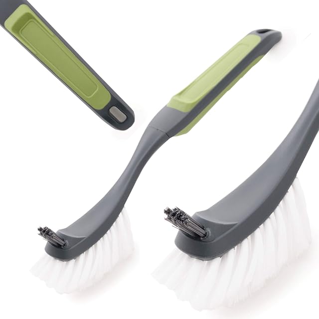 CleanPEAK Pack of 2 Fantail Dish Brushes with Soft Grip Handle, Non-Scratch Bristles and Extra Bristle Head Grey / Green