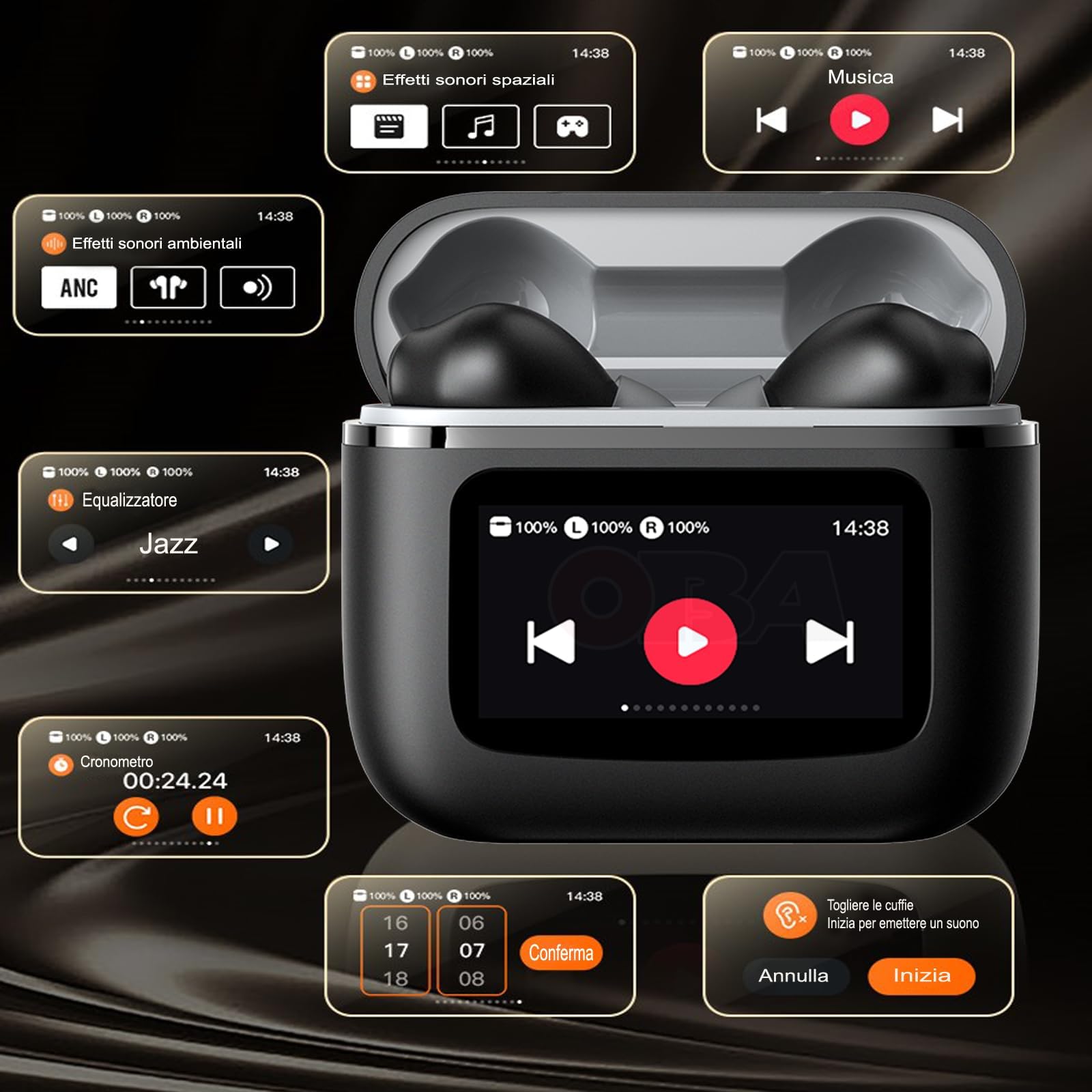 OBA -ProX5 Auriculares Bluetooth 5.3 Auriculares Inalámbricos In Ear Estéreo ENC ANC Cancelación Ruido, Pantalla LCD Color IPX5 Impermeable con localizador de auriculares, batería 500mAh