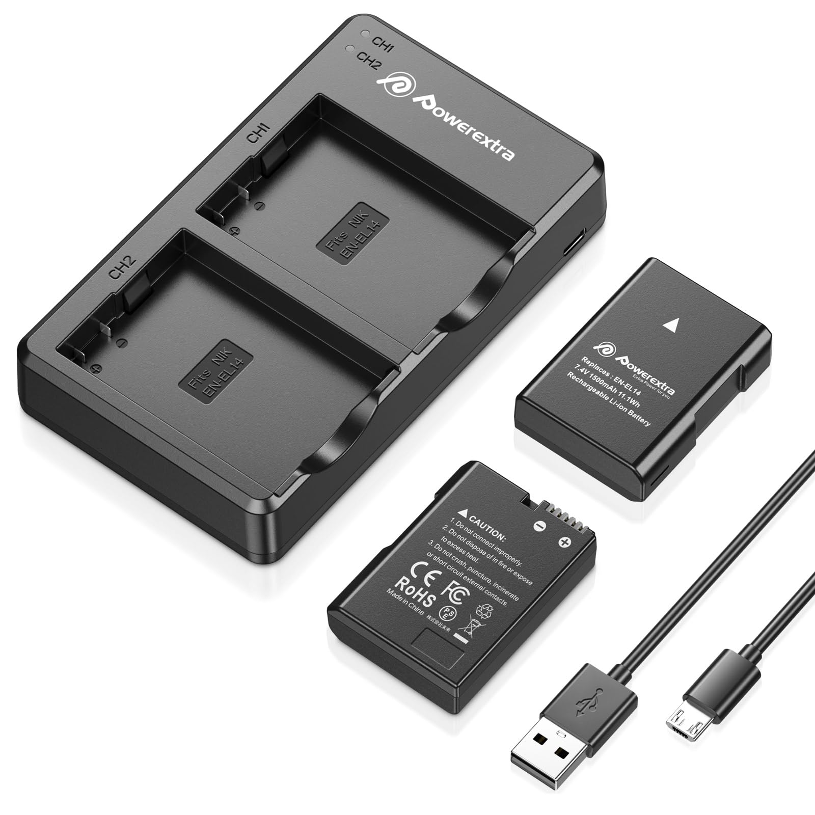 2 baterías Recargables de Repuesto y Cargador para Batería EN-EL14 EN EL14A | Compatible con D3500 D3100 D3200 D3300 D3400 D5300 D5100 D5200 D5500 D5600