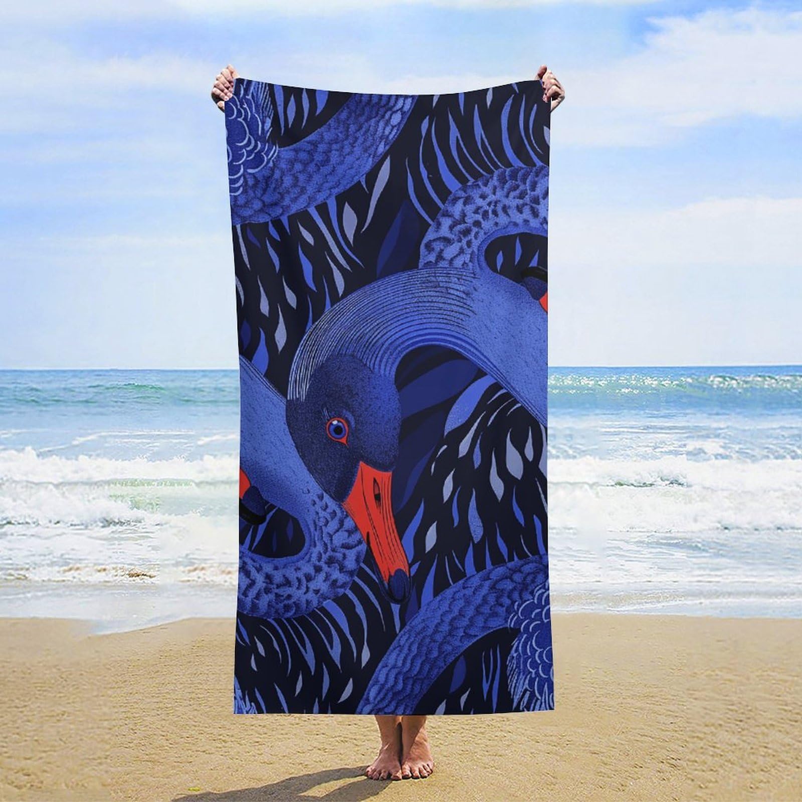 NTVOWPZO Blue Swan Pattern Beach Towel Oversized Microfiber Bath Towels Lightweight Sand Proof Beach Towels Absorbent Pool Towels for Swimming Yoga Bathroom Towel 31.5" X 63"