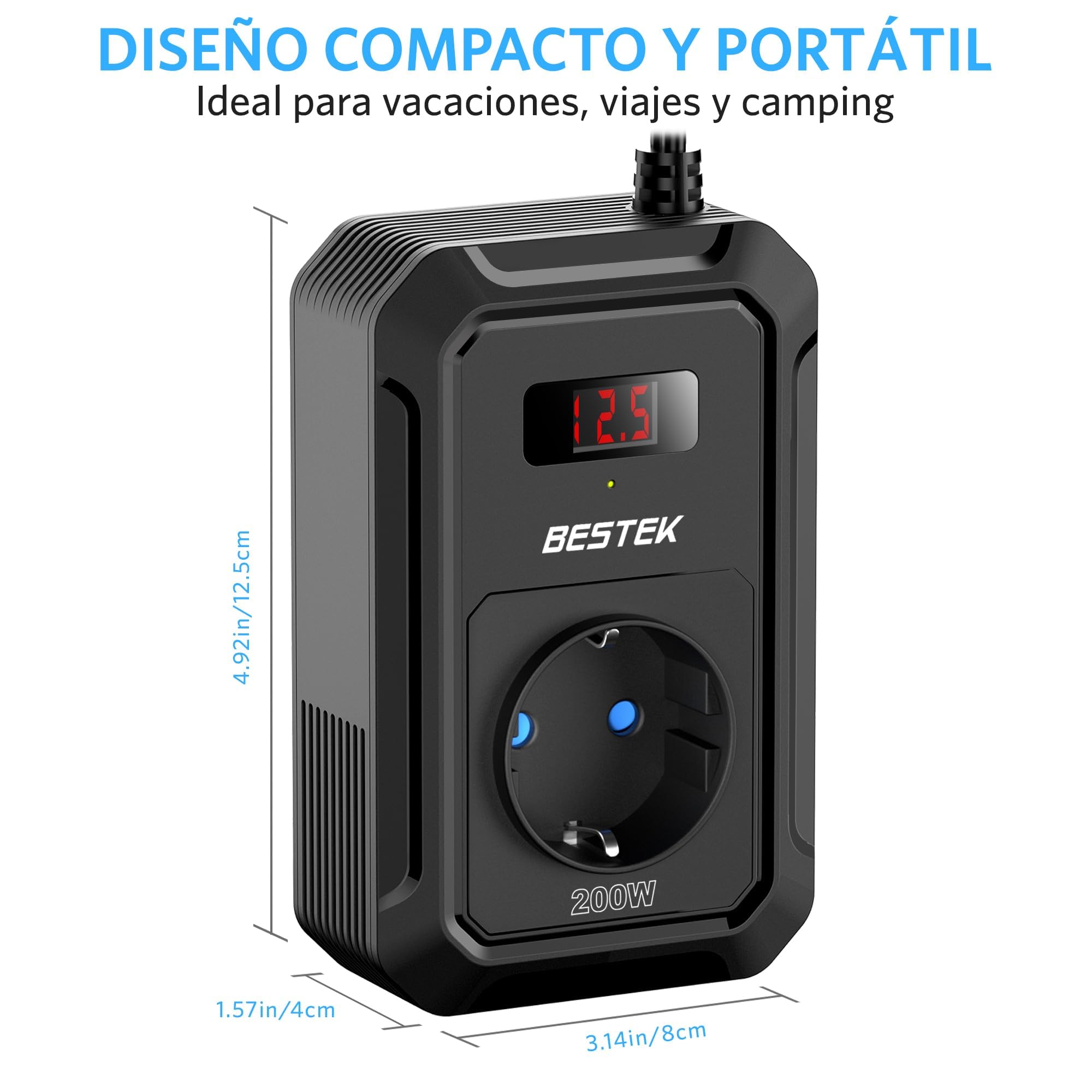 BESTEK Falownik 200 W DC 12 V na AC 230 V z 4 USB, czarny