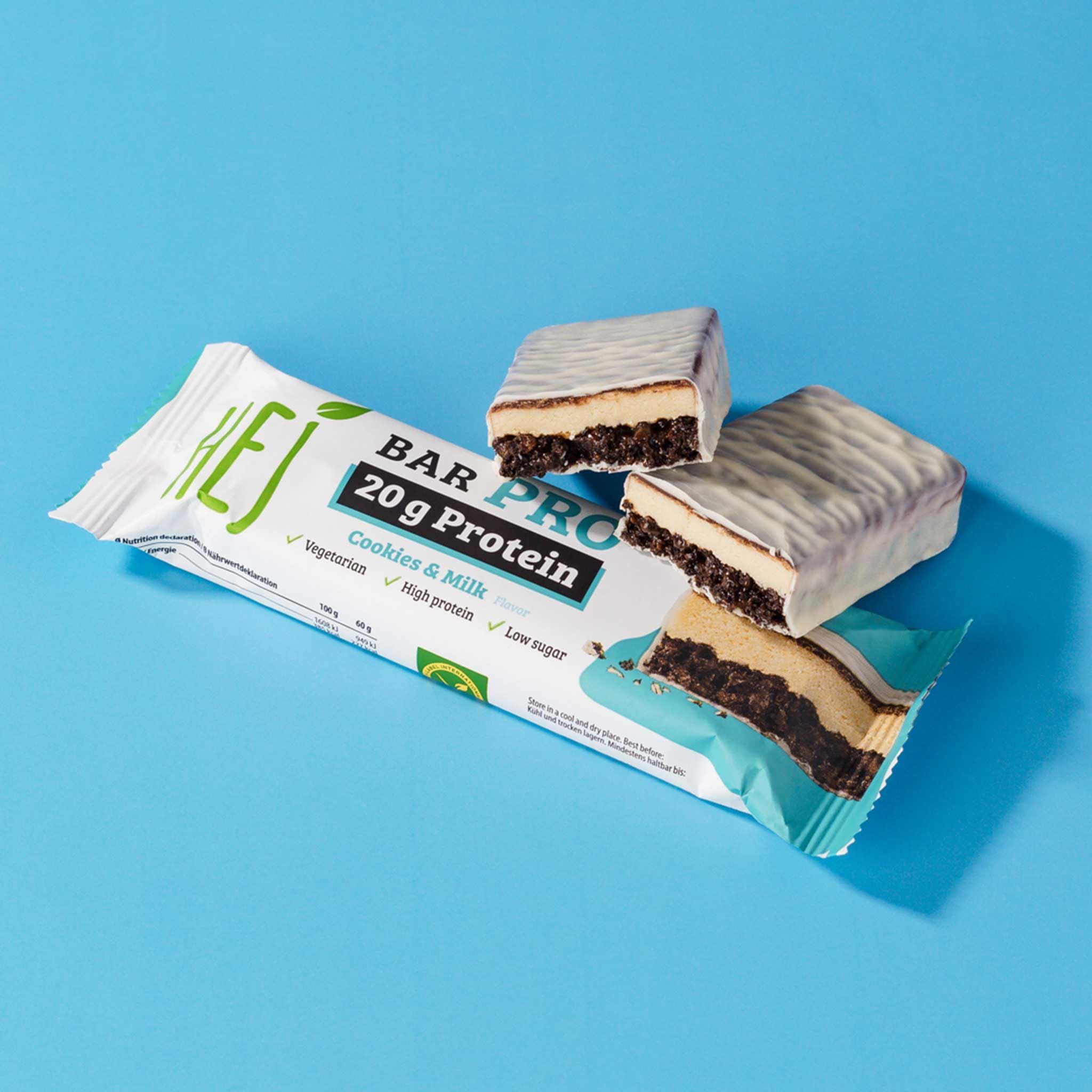 HEJ – Bar Pro Cookies & Milk 12x60g – Proteinriegel mit 20g Protein pro Riegel – Low Sugar Eiweißriegel – Vegetarisch & ohne Palmöl – Ohne Zuckerzusatz & ohne künstliche Aromen