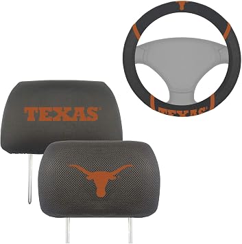 AAC FANMATS NCAA Car Accessories Bundle with Head Rests and Steering Wheel Cover for Texas Longhorns Fans Officially Licensed3 Items