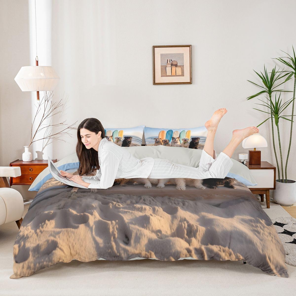 Erosebridal Kawaii Beach Dog Bedding Set Full Coastal Colorful Surfboard Duvet Cover Surf Pet Lovers Room Decor Comforter Cover,Summer Beach Sports Bed Set