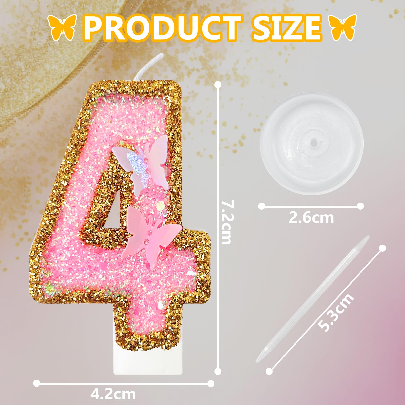 JonesLi Birthday Candle for Cake, Butterfly 4th Party Decor, Gold Pink Number 4 Candle, Large Glitter Cake Topper for Wedding & Birthday