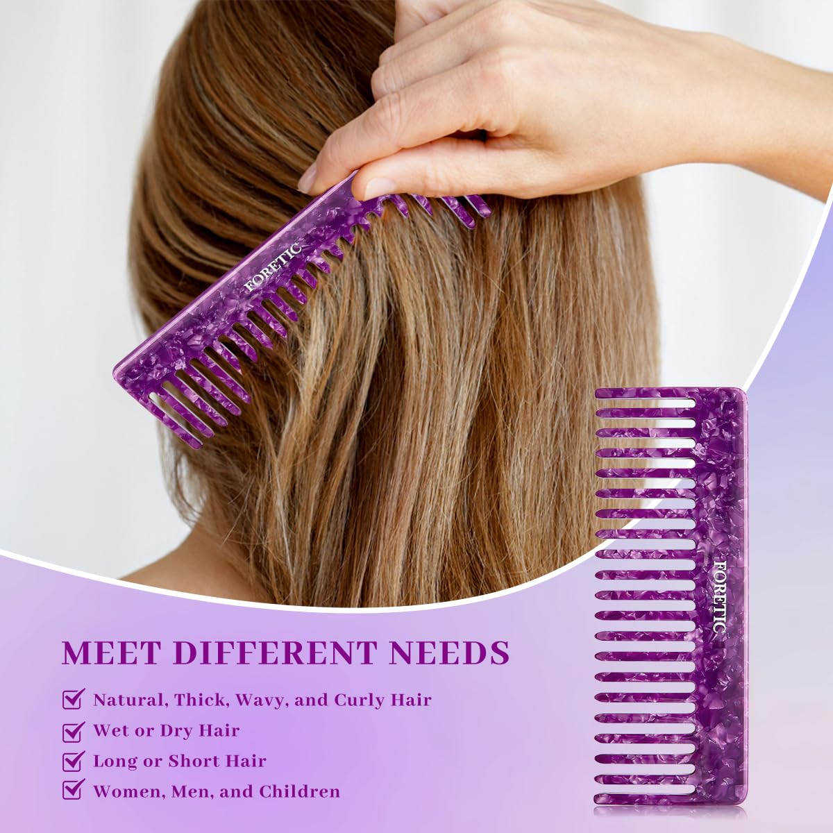 Peine grande de dientes anchos violeta brillante para mujeres, hombres y niños, hecho a mano, para cabello rizado. Peine desenredante de cabello largo y corto para uso húmedo y seco. Peine profesional 6