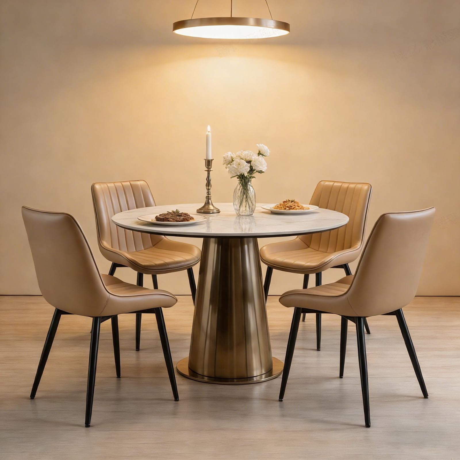 Warmiehomy Dining Chairs Set of 4, Modern Armchairs Kitchen Chair with Back & Metal Legs, Faux Leather Upholstered Dining Chairs for Dining Room, Living Room, Meeting Reception(Brown, 4pcs)
