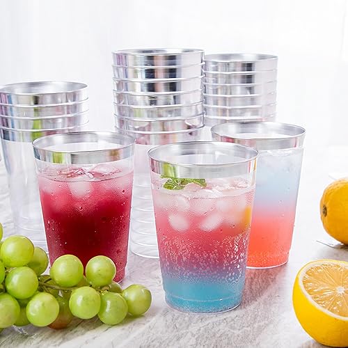 Miniatura 3 de supernal 200 vasos de plástico plateado, vasos de plástico transparente de 12 onzas, copa con borde plateado, taza elegante para fiesta, taza