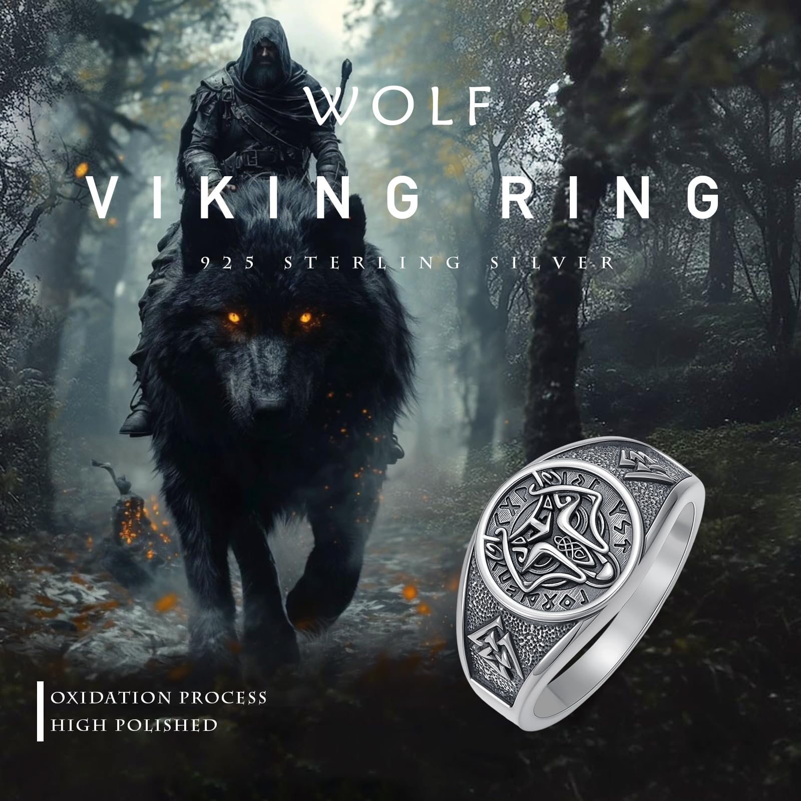 925 Sterling Silber Klotzige Wikinger Ringe für Männer Norse Wolf Ring Oxidiert Oldtimer Wikinger Keltischer Schmuck Geschenke für Ehemann Freund Vater Bruder Freund