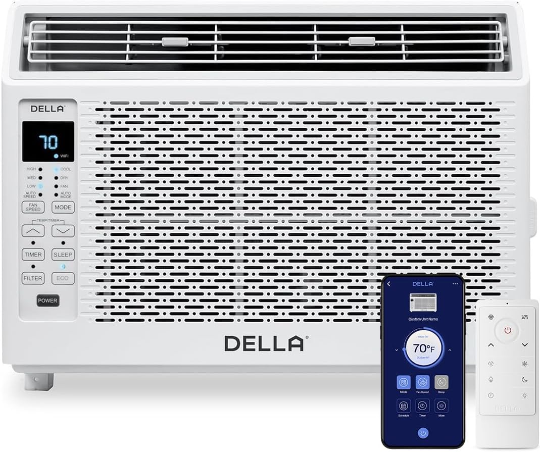 6000 BTU Energy Saving Window Air Conditioner, Cools Up to 250 Sq. Ft, Work with Alexa, GEO Location, AC Unit with WIFI Smart Controls, Remote, Dehumidifier, Fan, Reusable Filter, Easy Install