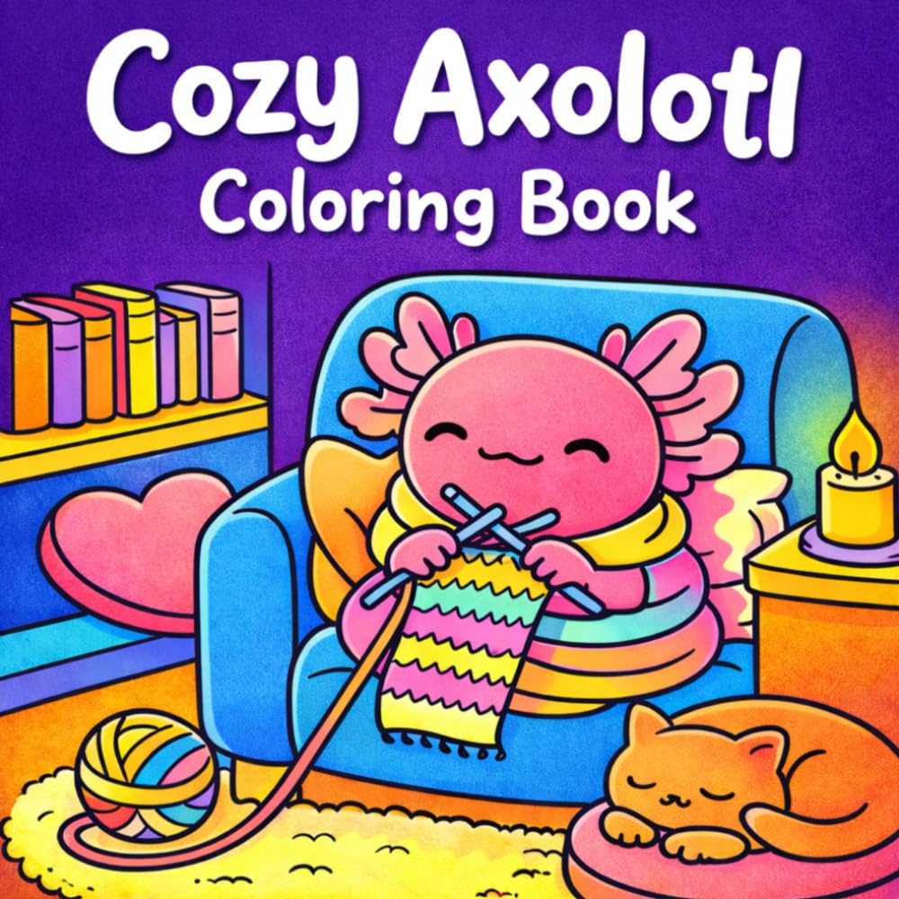 Cozy Axolotl Coloring Book: 40 Cute Hygge Style Bold and Easy Coloring Pages for Stress Relief