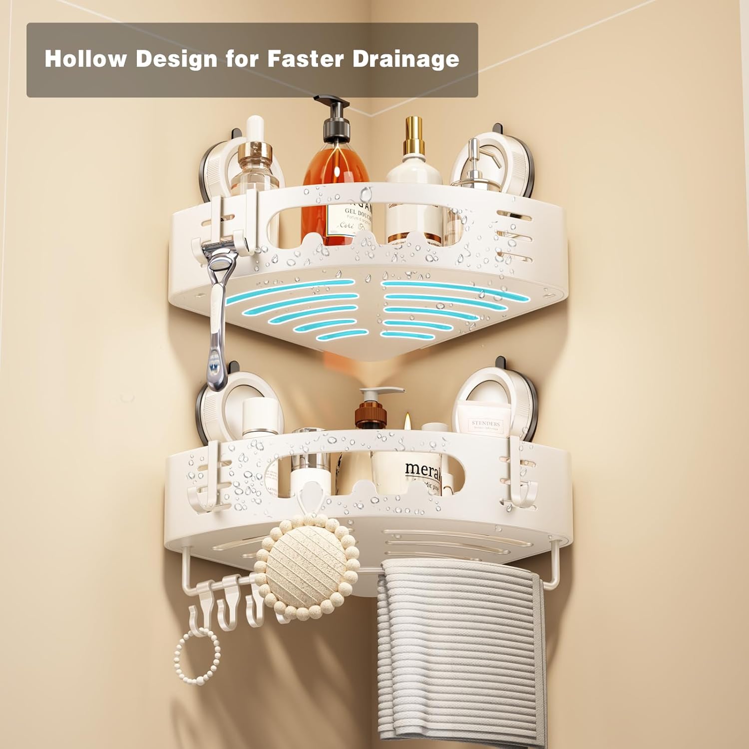 Voldra Corner Shower Caddy Suction Cup, Aluminum Corner Shower Shelves for Wall No Drilling, Large Suction Cup Shower Organizer with Towel Bar & Hooks Removable Bathroom Storage Rack(1 Pack-White)