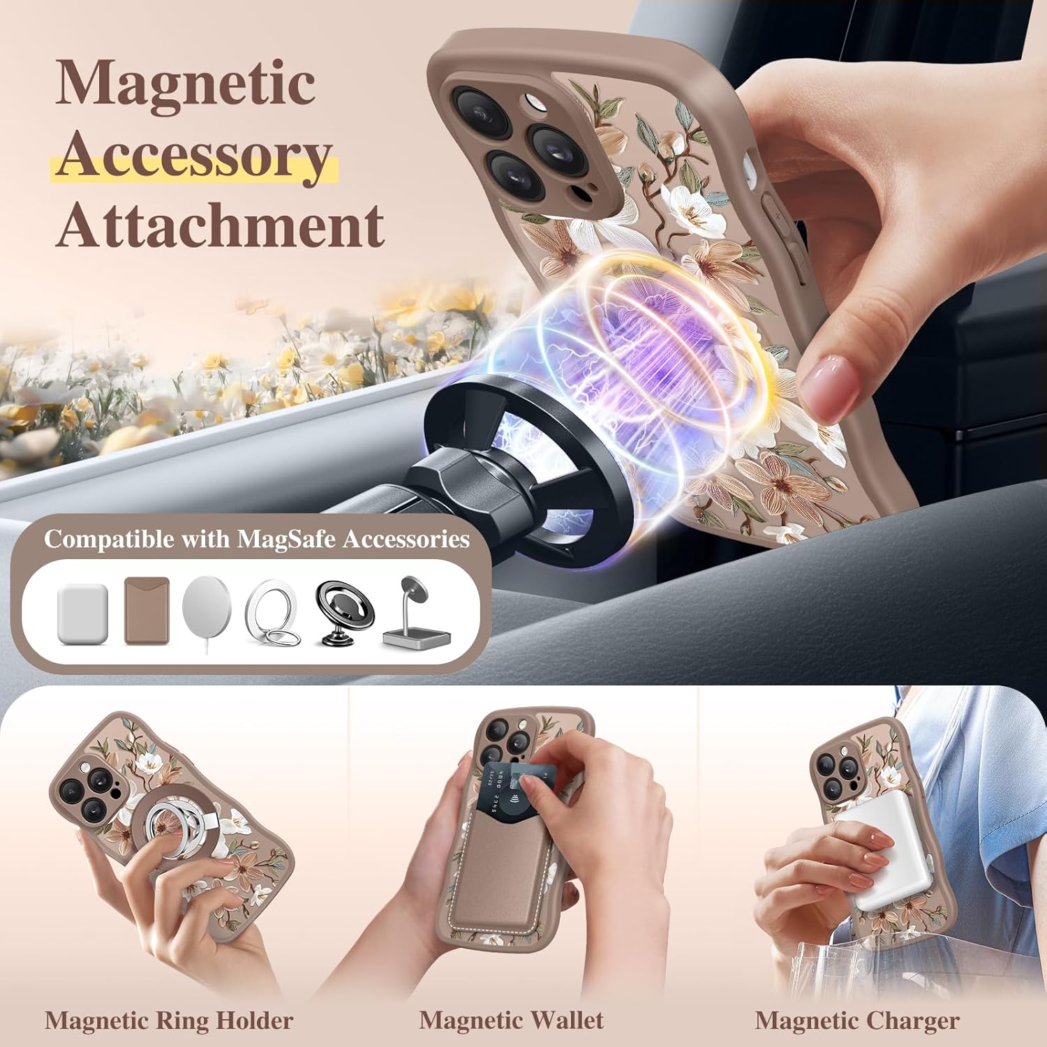 GVIEWIN for iPhone 14 Pro Max Case Compatible with MagSafe [Curly Wave Edge][Full Camera Protection] Floral Translucent Shockproof Magnetic Women Phone Case for 14 Pro Max, Dogwood/Brown - Image 4