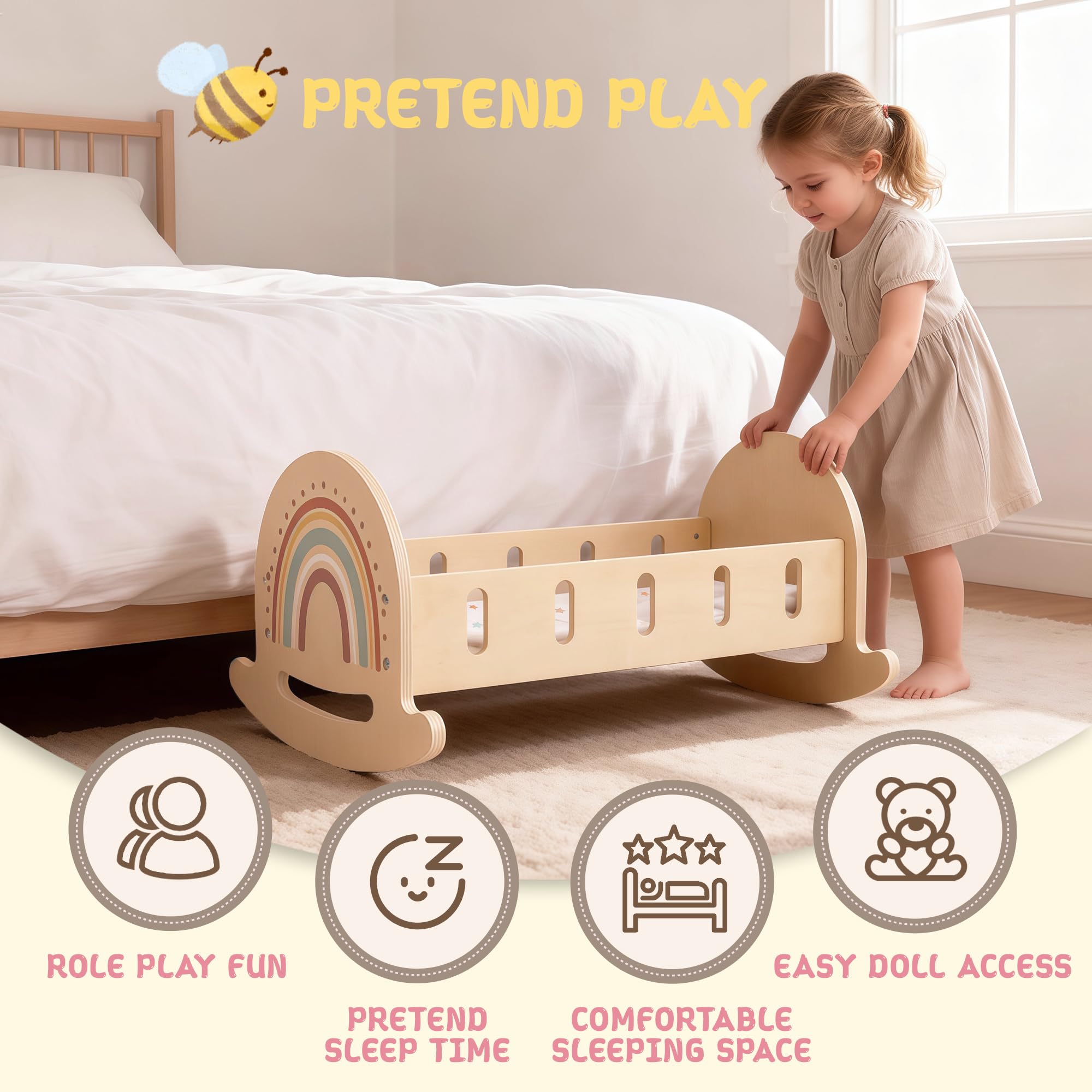FReniland Baby-Puppenwiege mit 1 Kissen & 1 Kissen