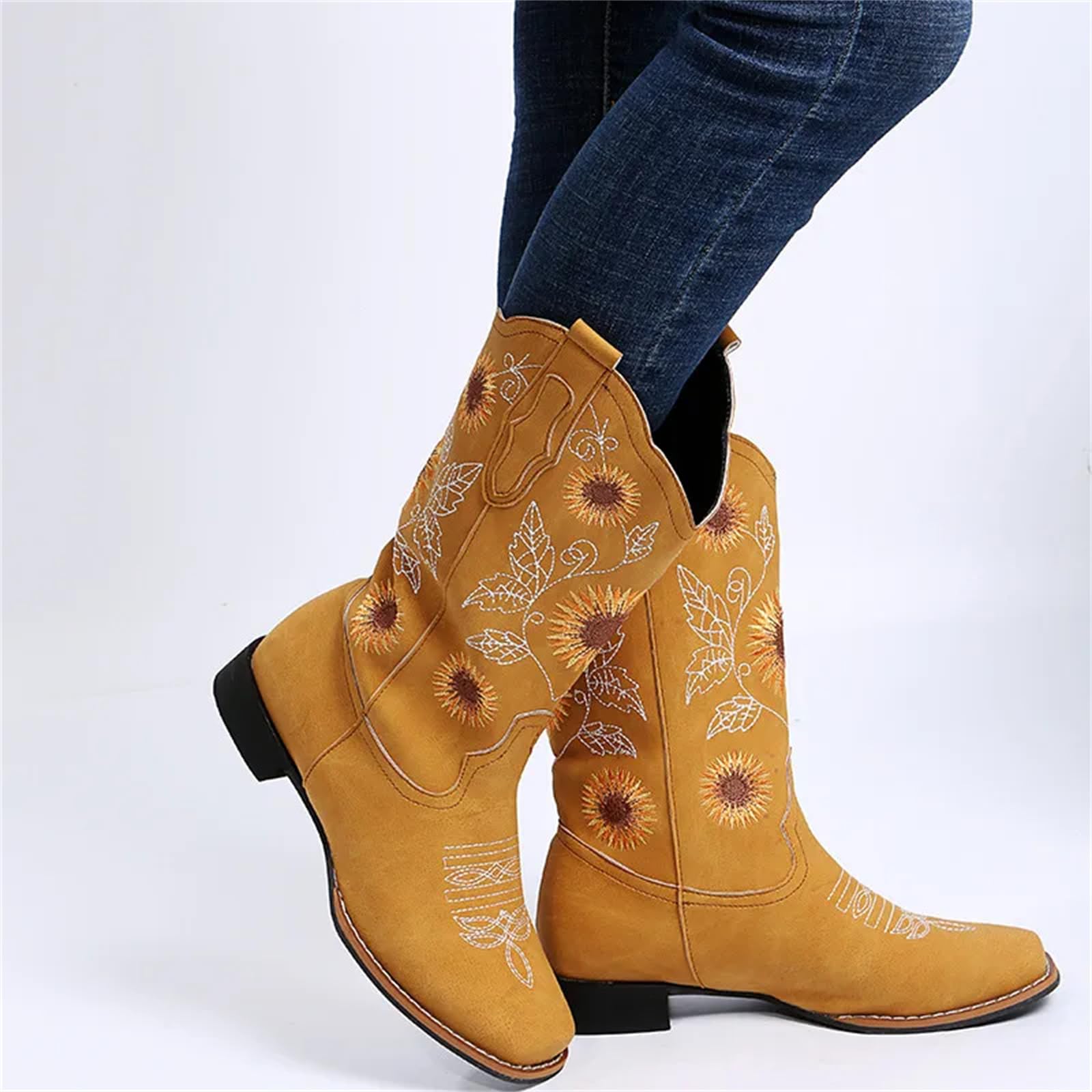 Lmtossey Donne Fiore Ricamo Scarpe Slip-On Stivali da Equitazione Lady Square Heel Mid-Polpaccio Boot Femminile Inverno Sottile Peluche Scarpa