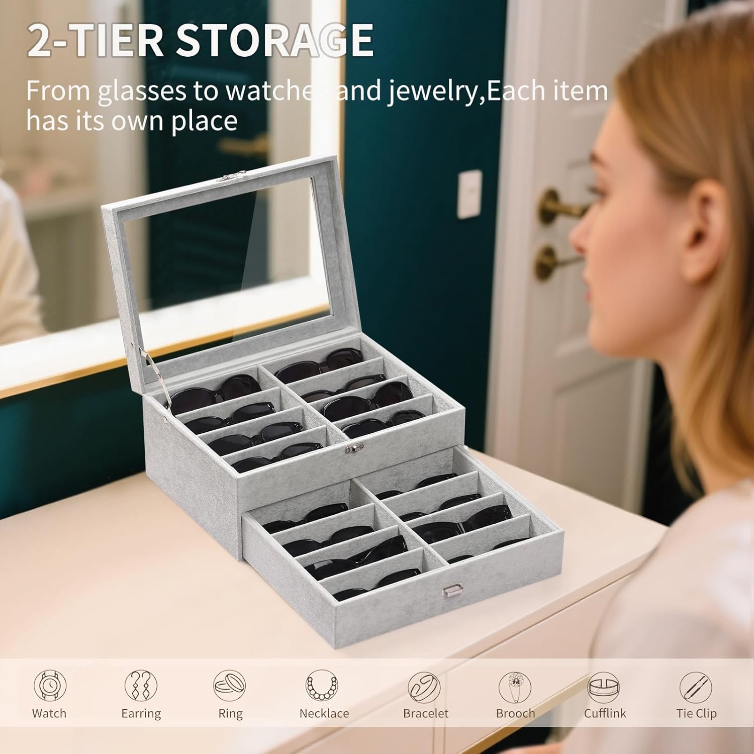 AUTOARK 16-Slot Sunglass & Eyeglasses Organizer Box,2-Layer Velvet Drawer with Clear Glass Top,Soft Ice Velvet Lining for Large Glasses,Closet Desktop Storage Holder,Gift for Men Women,Grey,MKAW233