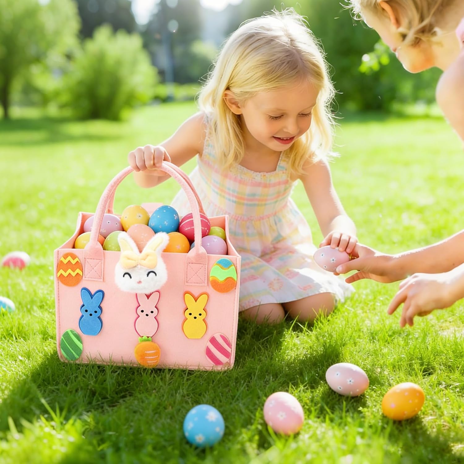 Axcoix 3 Pack Large Easter Basket Bags with Handles, Reusable Felt Easter Gift Bags for Kids with Bunny Egg Pattern, Easter Treat Tote Bags for Candy Egg Hunt Party Favors (Blue & Pink & Green) - Image 5