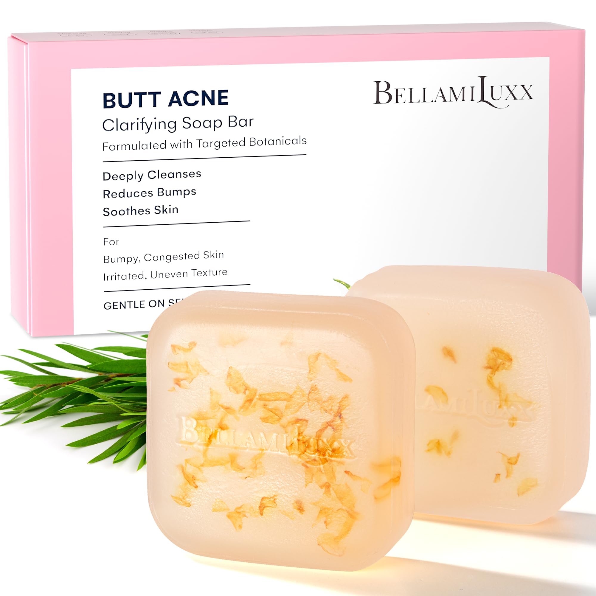 BellamiLuxx Body Acne Soap Bar: Antibacterial Bar for Butt, Thighs, Back, Body Acne, Folliculitis & Fungal Prone Skin - Tea Tree Oil, Sulfur &