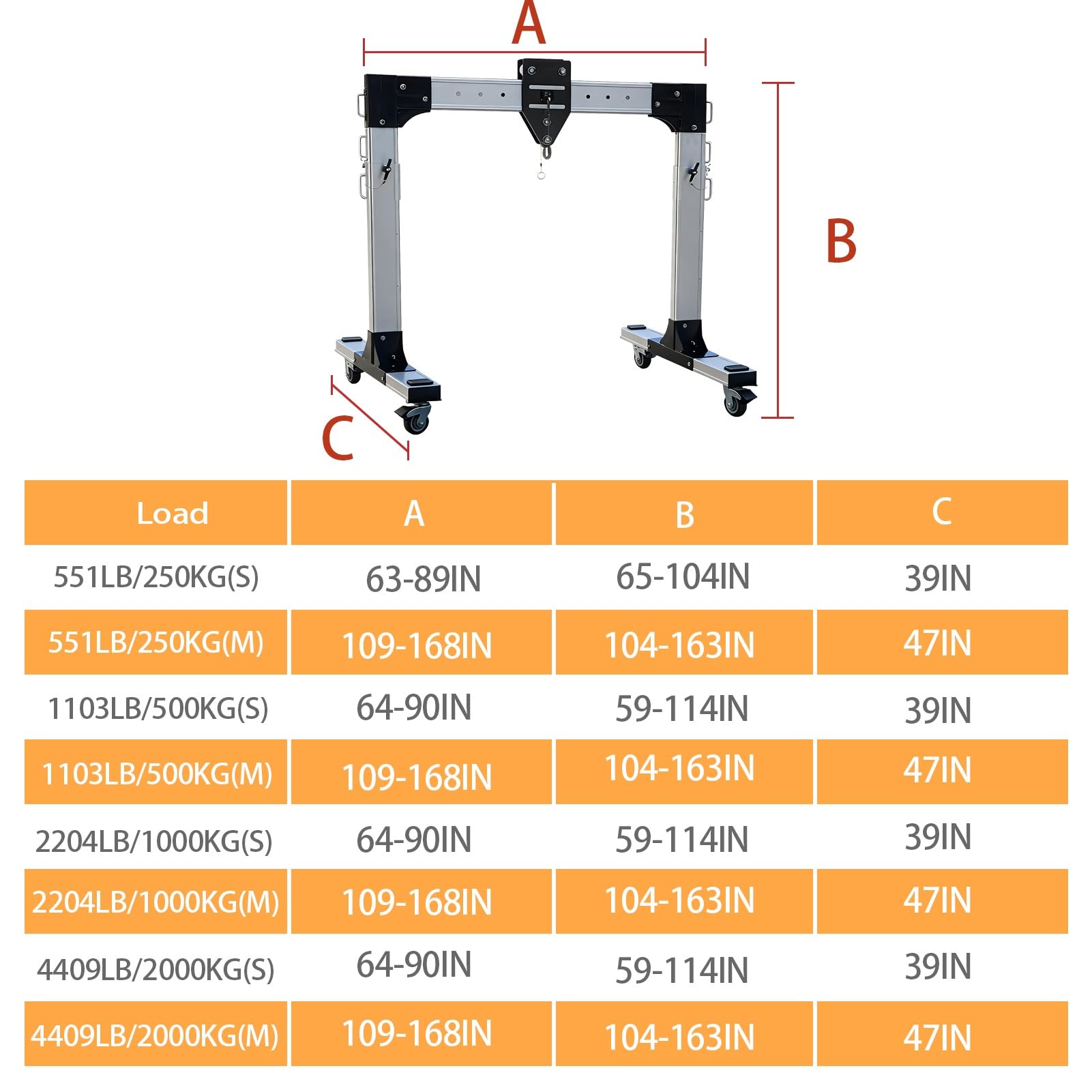 Grue portique portable en aluminium, palan d'atelier mobile, capacité de levage de 551 à 4409 livres, idéale for les espaces étroits et les terrains accidentés.(S,2000kg(4409 lb))