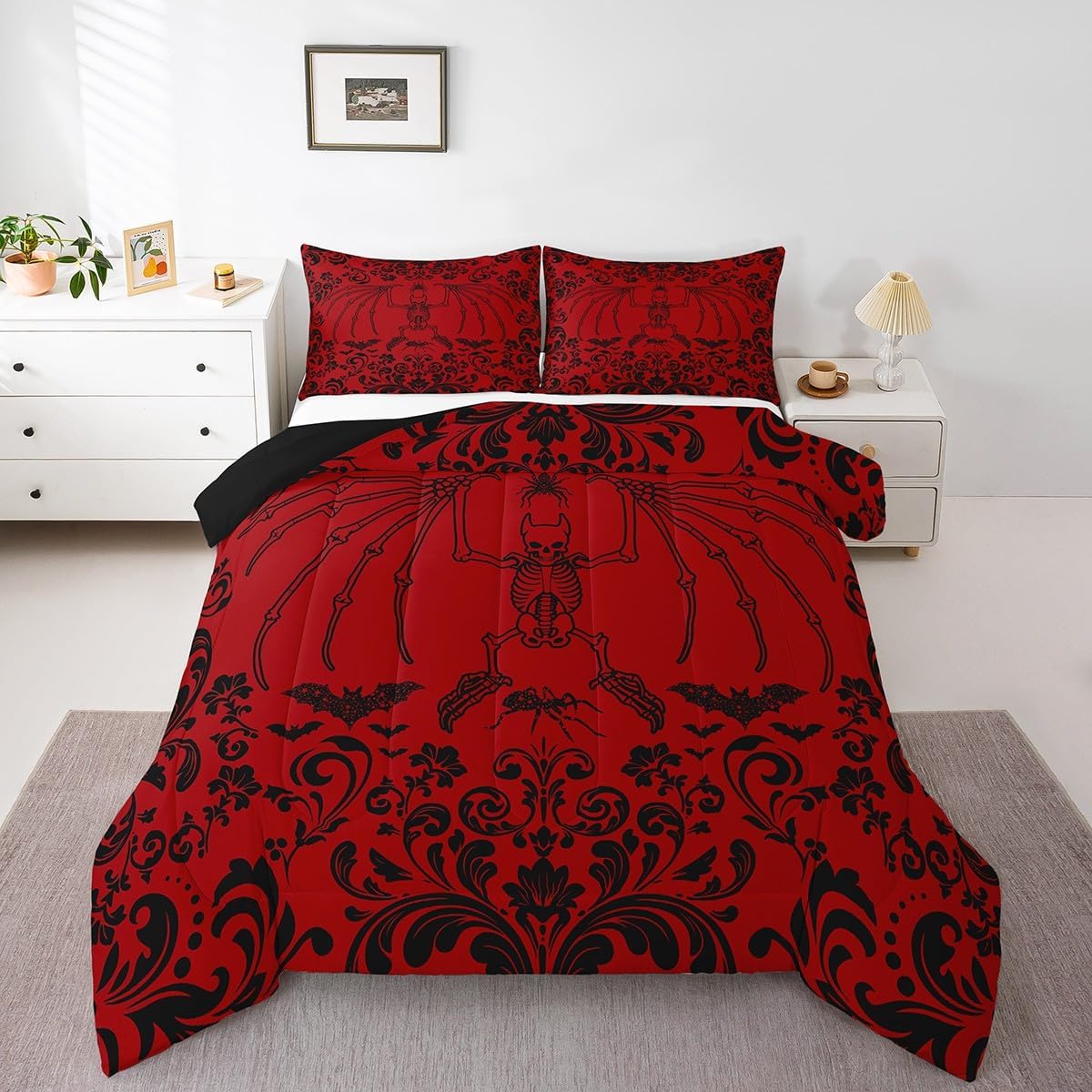 Erosebridal Floral Cat Comforter Set Queen Black White Halloween Gothic Bedding Set Exotic Black Damask Goth Cat Bedding Comforter Sets for Kids Boys Adults Men Boho Stars Moon Animal Bed Set