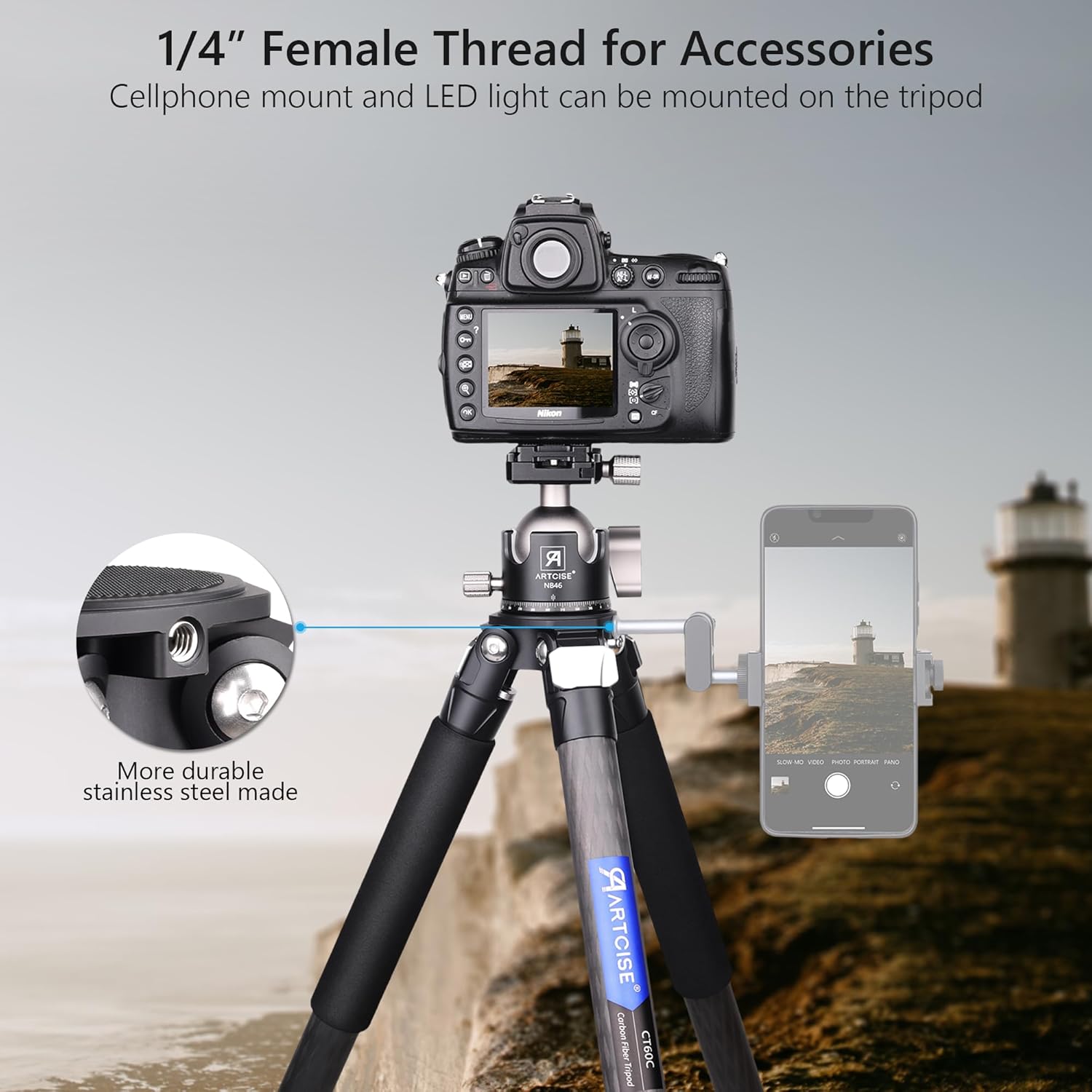 ARTCISE Carbon Fiber Travel Tripod with 46mm Low Profile Ball Head and Stone Bag – Ultra-Lightweight, Compact Camera Tripod for Travel Photography | 70" Max Height,44lb Load