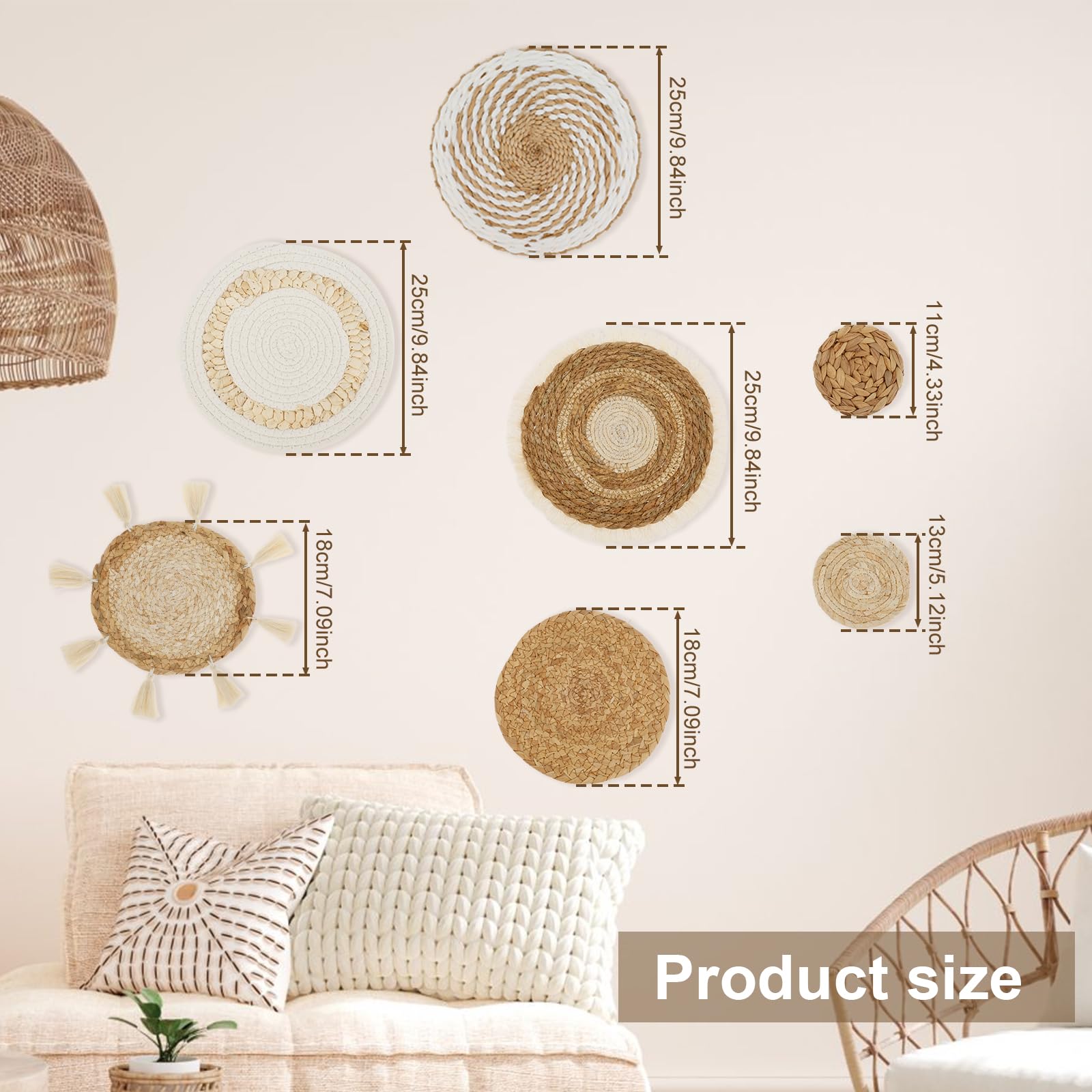 PieJoFpy 7 Pack Boho Wall Art - Seagrass Rattan Wicker Round Hanging Baskets, Flat Wall Decor