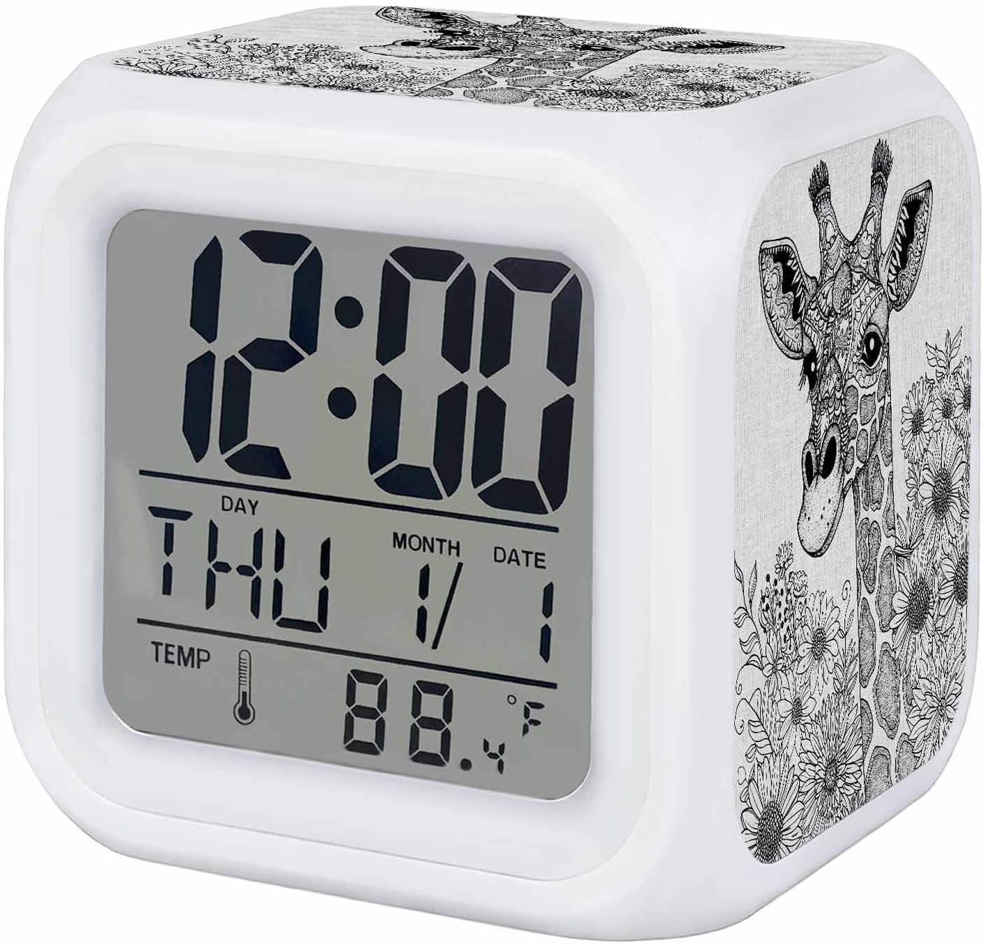 Funny Giraffe Flower Digital Alarm Clock for Bedrooms,Smart LED Alarm Clock with 7 Color Changing Night Light,Fall Sunflower Aesthetic Autumn Plant Silent Wake Up Clocks for Sleep Cooking 3.2"x3.2"