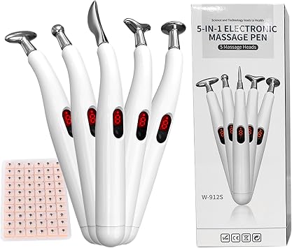 Acupuncture Pen with 5 Massage Heads,Electronic Meridian Eenergy Acupressure Body Facial Massager Pain Relief Therapy Fatigue Relief Tools,Acupressure Ear Beads White-AA Style