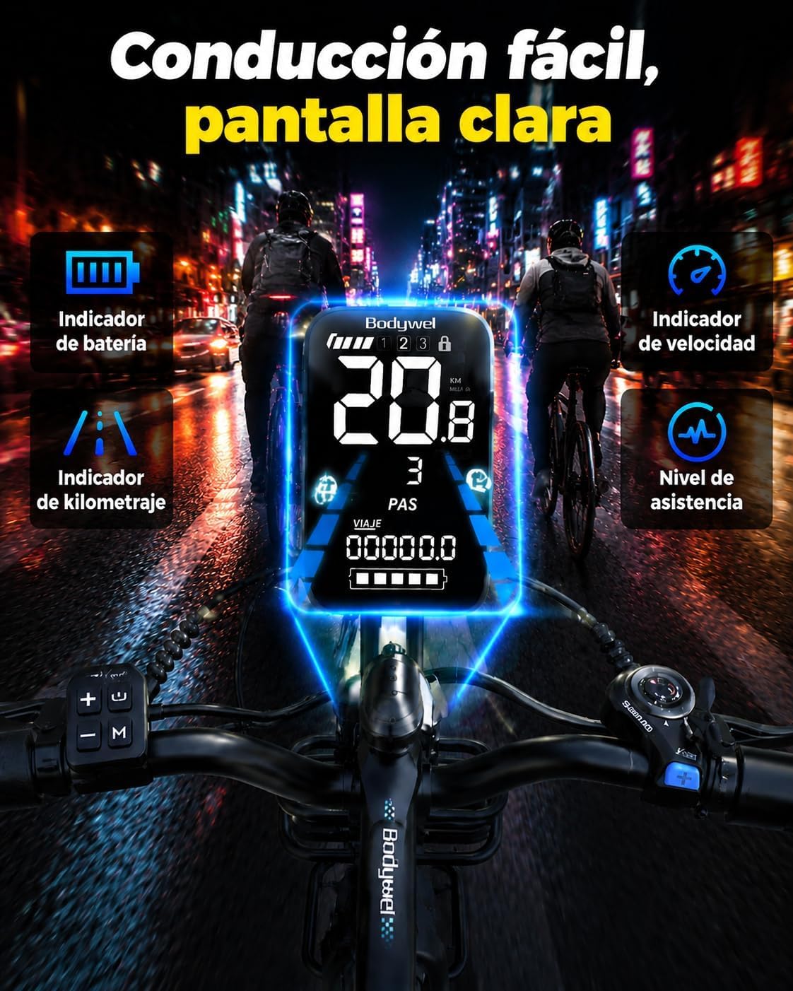 Bodywel D6 Bicicleta Eléctrica, 26x4.0 Fat Bike Bici Electrica Adultos Montaña, Batería de 48V 15Ah, Motor 250W, 7 Velocidades, Horquilla de Suspensión, Frenos de Disco Hidráulicos