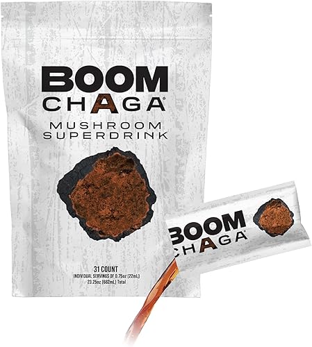 BOOM Chaga Superbebida de hongos, concentrado líquido de hongos Chaga sin oxalato, refuerzo antioxidante diario, 31 paquetes de una sola porción