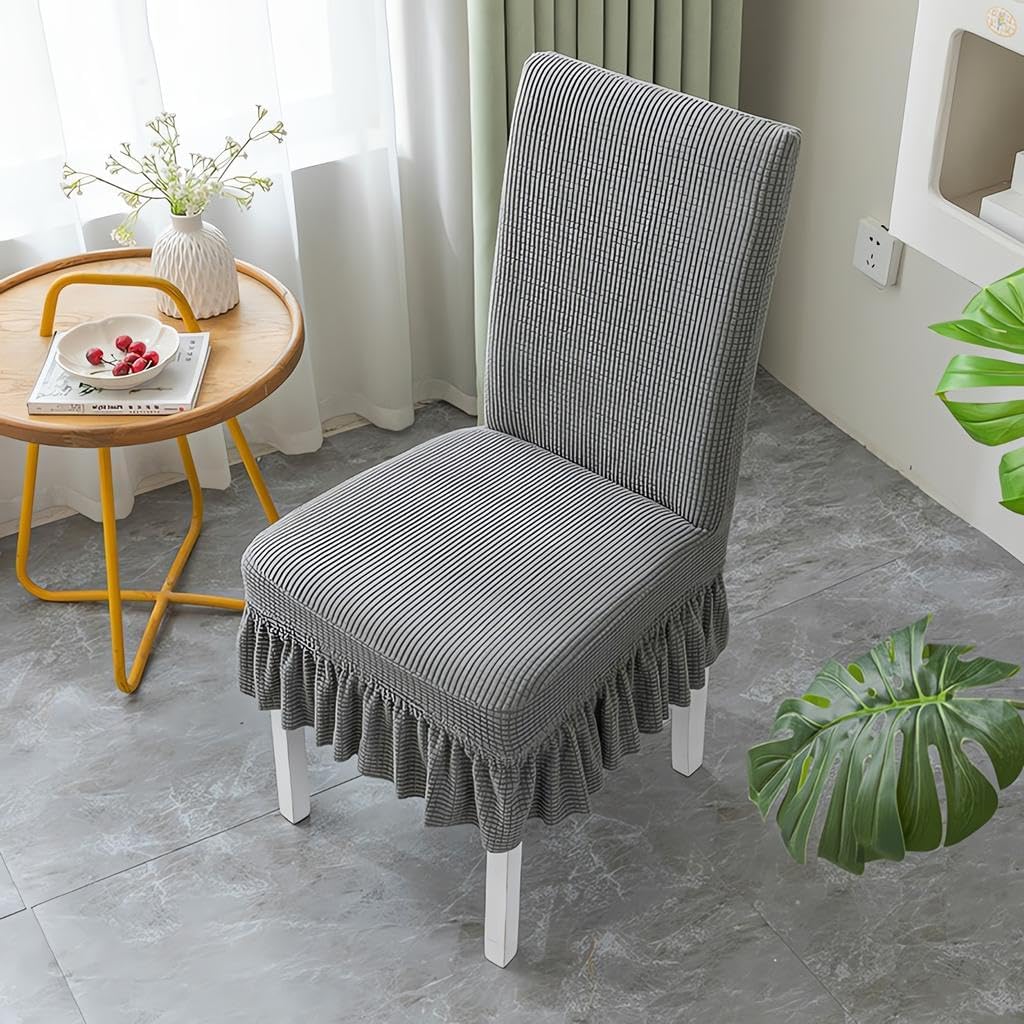 Stretch Parson Jacquard Seat Covers, Dining Room Chair Cover Set of 2, Integrated Dining Chair Cover, Kitchen Chair Covers Slipcover Protector, Fitted Furniture Covers,Grey 3