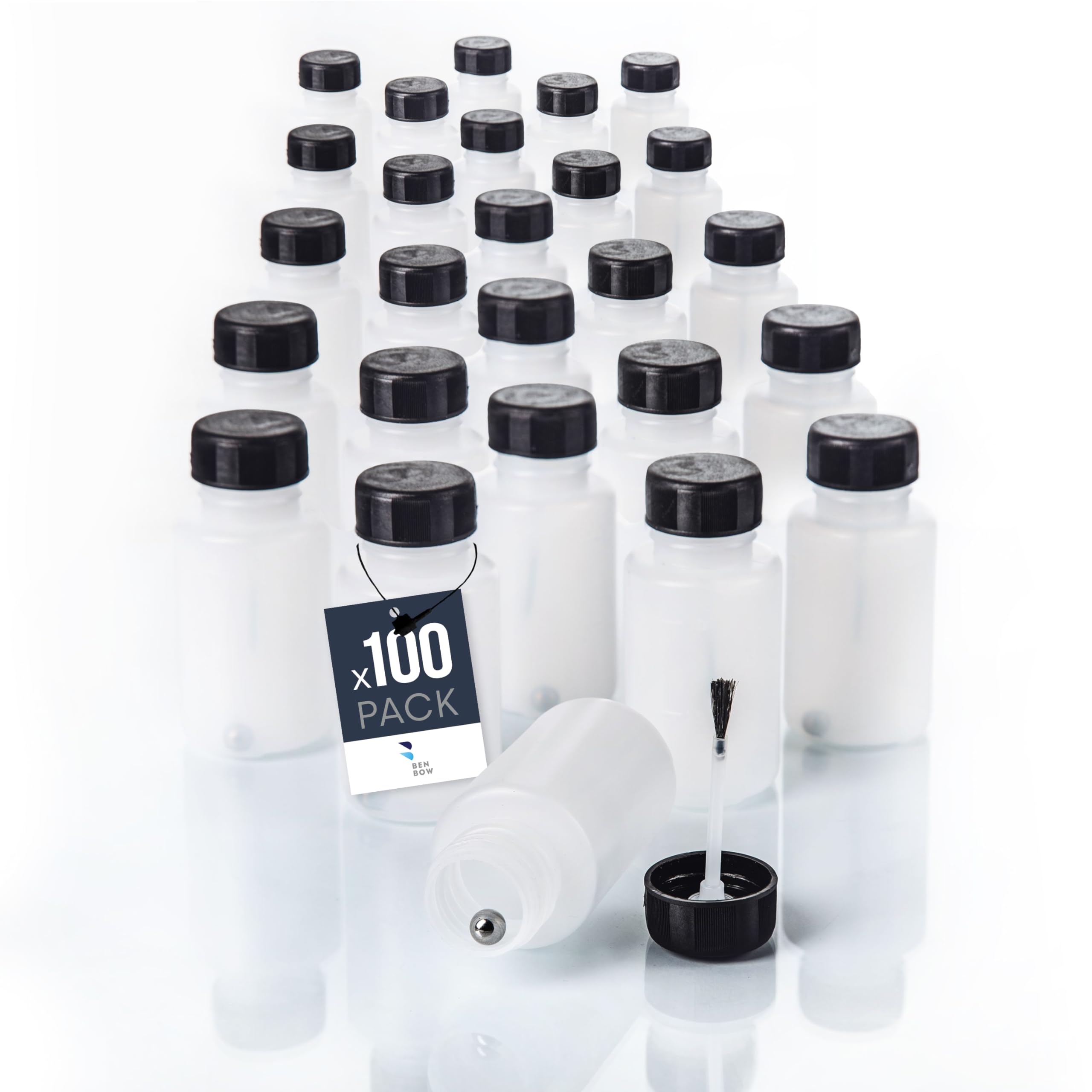 BenBow - Frascos 100x 50 ml con Pincel y Bola mezcladora - Pincel Fino, Transparente - Resistente a los disolventes - para almacenar y aplicar líquidos - Frascos de plástico HDPE para Pinturas