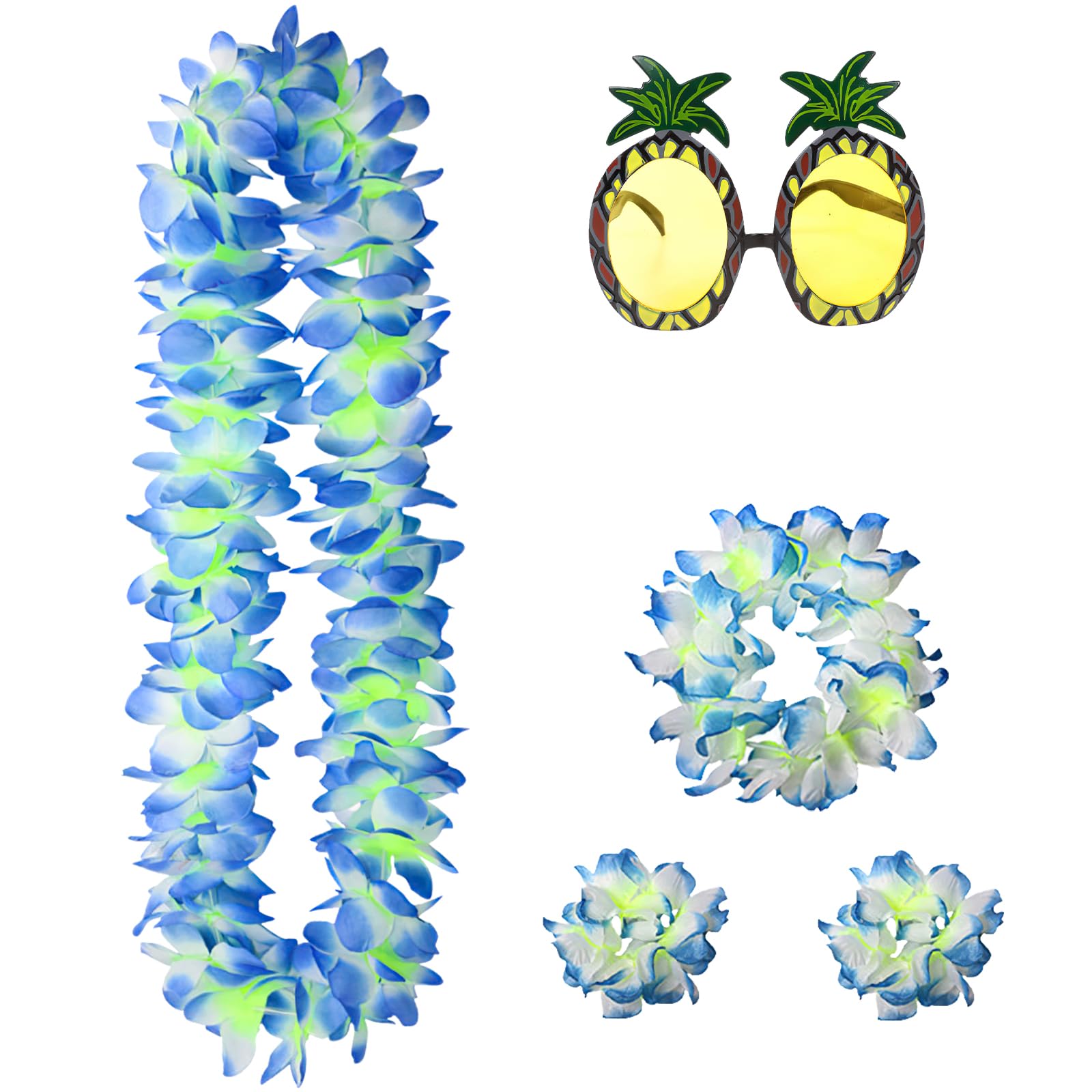 Wlleoaa Hawaiian Lei Flower Set, Hawaiians Fancy Dress, Hawaiian Garland with Pineapple Sunglasses, Hawaiians Party Accessories, Summer Style Tropical Decoration for Summer Party Adults Kids (Blue)