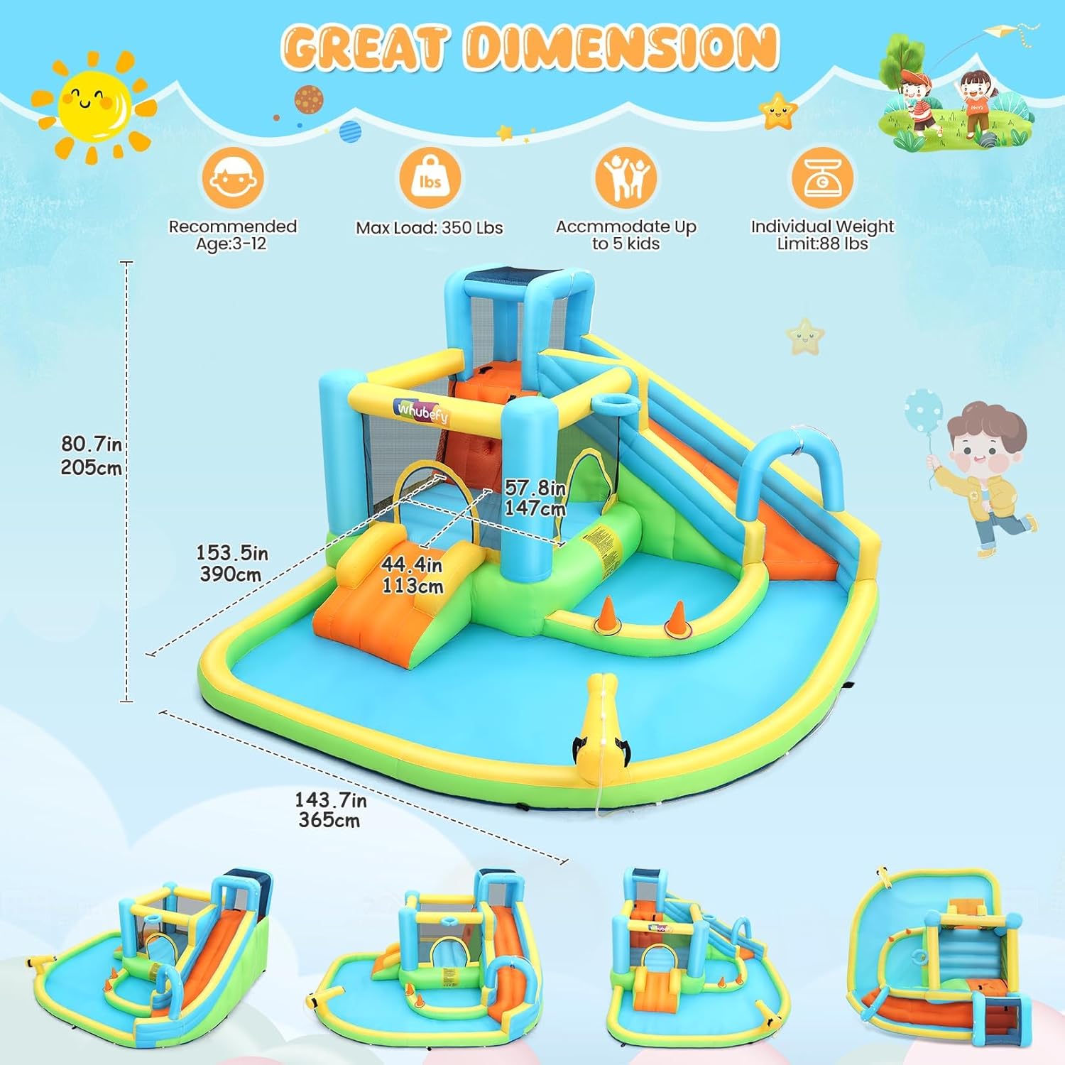 Whubefy Inflatable Bounce House Water Slide, 14.1x11.8x6.8ft Water Park for Kids, All-in-1 Jump House with Dual Slides & Splash Pool with 550W Blower for Kids Backyard Party