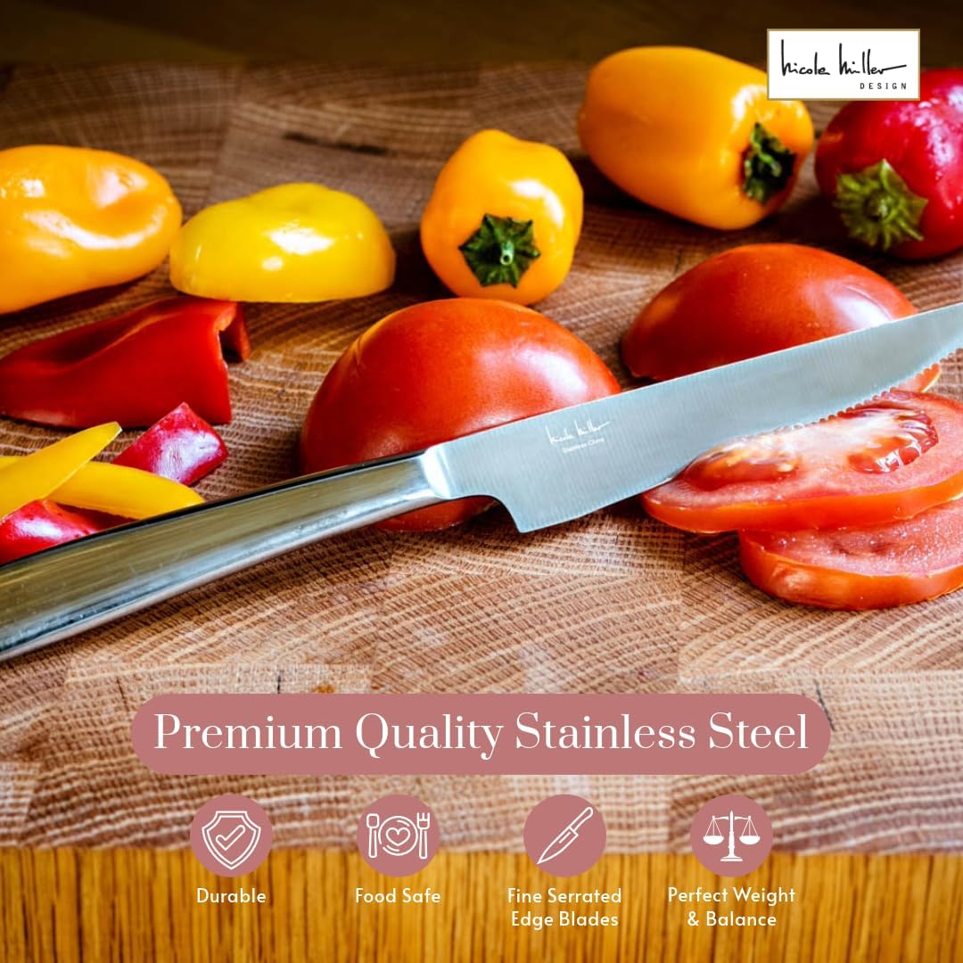 Nicole Miller Steak Knife Set - 8-Piece Stainless Steel Steak Knife Set with Mahogany Storage Case