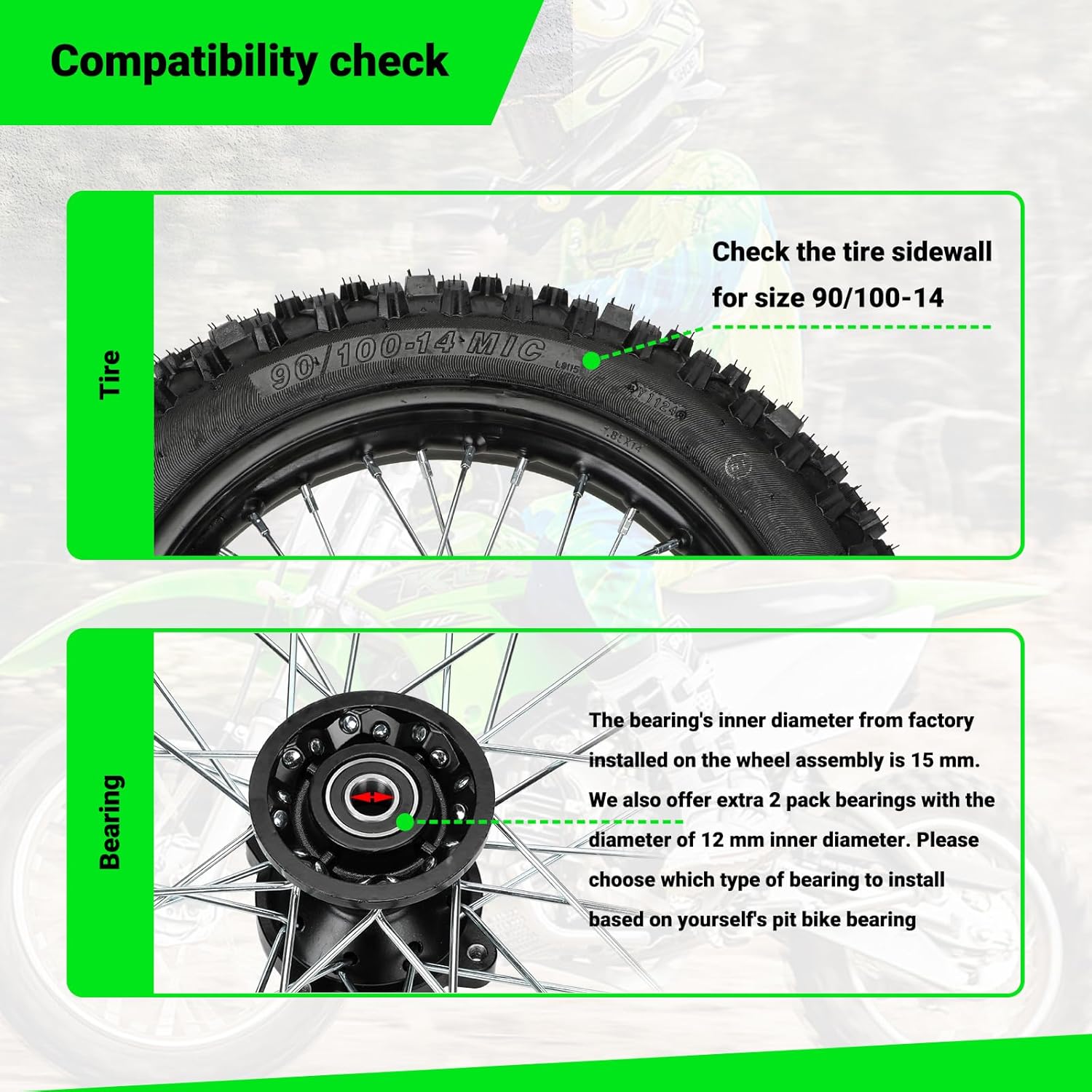 14'' Rear Wheel 90/100-14 3.00-14 Dirt Bike Tire Rim Assembly Compatible with SSR Apollo 150cc 140cc 125cc CR80R CR85R CRF80F CRF125F DB17 KX85 KLX125 KLX140 TTR125 Off Road Motocross Parts